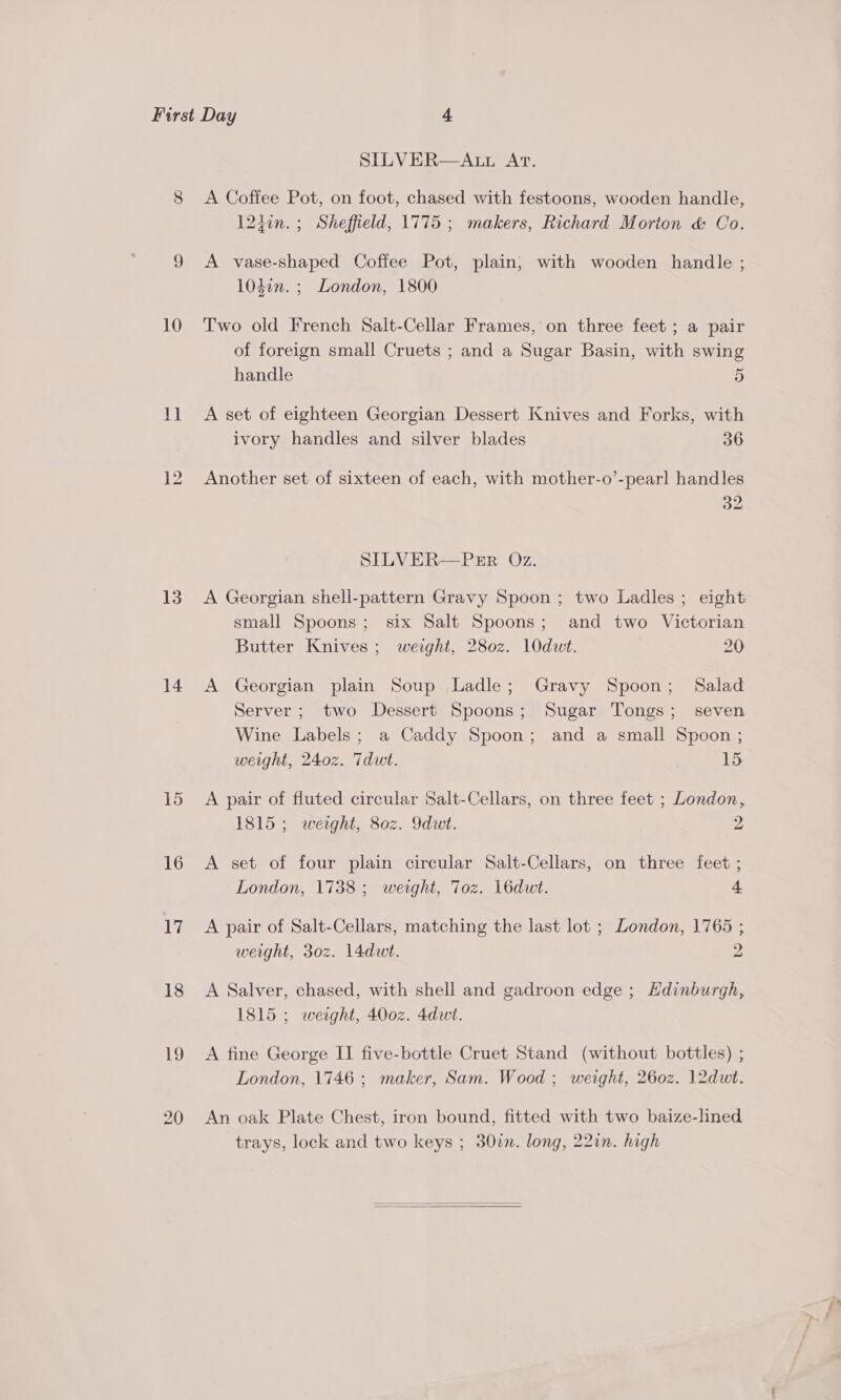 11 13 14 15 16 17 18 19 SILVER—ALL AT. A Coffee Pot, on foot, chased with festoons, wooden handle, 12tin.; Sheffield, 1775; makers, Richard Morton &amp; Co. A vase-shaped Coffee Pot, plain, with wooden handle ; 103in. ; London, 1800 of foreign small Cruets ; and a Sugar Basin, with swing handle 5 A set of eighteen Georgian Dessert Knives and Forks, with ivory handles and silver blades 36 Another set of sixteen of each, with mother-o’-pear! handles 32 SILVER—PER Oz. A Georgian shell-pattern Gravy Spoon; two Ladles ; eight small Spoons; six Salt Spoons; and two Victorian Butter Knives; weight, 2802. 10dwt. 20 A Georgian plain Soup Ladle; Gravy Spoon; Salad Server ; two Dessert Spoons; Sugar Tongs; seven Wine Labels; a Caddy Spoon; and a small Spoon ; weight, 240z. Tdut. 1D A pair of fluted circular Salt-Cellars, on three feet ; London, 1815 ; weight, 802. 9dwt. 2 A set of four plain circular Salt-Cellars, on three feet ; London, 1738; weight, Toz. 16dwt. 4 A pair of Salt-Cellars, matching the last lot ; London, 1765 ; weight, 30z. l4duwt. 2 A Salver, chased, with shell and gadroon edge ; Hdinburgh, 1815 ; weight, 400z. 4dwt. A fine George II five-bottle Cruet Stand (without bottles) ; London, 1746; maker, Sam. Wood; weight, 260z. 12dwt. An oak Plate Chest, iron bound, fitted with two baize-lined trays, lock and two keys ; 30in. long, 22in. high 