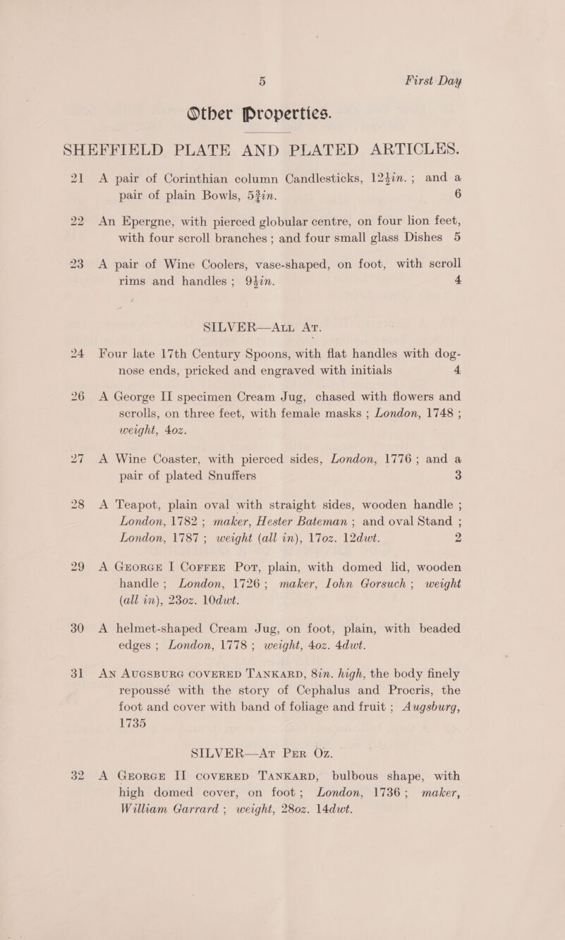 Other Properties. 21 bo bo 30 ol 32 A pair of Corinthian column Candlesticks, 124in.; and a pair of plain Bowls, 53in. 6 An Epergne, with pierced globular centre, on four lion feet, with four scroll branches ; and four small glass Dishes 5 A pair of Wine Coolers, vase-shaped, on foot, with scroll rims and handles ; 94in. 4 SILVER—Att AT. Four late 17th Century Spoons, with flat handles with dog- nose ends, pricked and engraved with initials 4 A George II specimen Cream Jug, chased with flowers and scrolls, on three feet, with female masks ; London, 1748 ; weight, 4oz. A Wine Coaster, with pierced sides, London, 1776 ; and a pair of plated Snuffers 3 A Teapot, plain oval with straight sides, wooden handle ; London, 1782; maker, Hester Bateman ; and oval Stand ; London, 1787 ; weight (all in), 17oz. 12dut. 2 A GeEoRGE I CorreE Port, plain, with domed lid, wooden handle ; London, 1726; maker, Iohn Gorsuch ; werght (all wn), 230z. 10dwt. A helmet-shaped Cream Jug, on foot, plain, with beaded edges ; London, 1778 ; weight, 40z. 4dut. AN AUGSBURG COVERED TANKARD, 82n. high, the body finely repoussé with the story of Cephalus and Procris, the foot and cover with band of foliage and fruit ; Augsburg, 1735 SILVER—Ar Per Oz. A GerorGE II covERED TANKARD, bulbous shape, with high domed cover, on foot; London, 1736; maker, Wilham Garrard ; weight, 280z. 14dut.