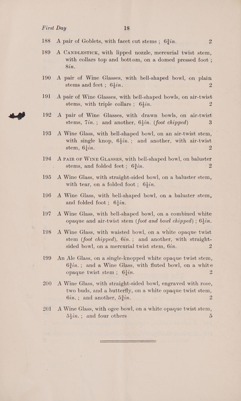 188 189 190 19] 192 193 194 195 196 Loz 198 Loo) 200 20] A pair of Goblets, with facet cut stems ; 63in. 2 A CANDLESTICK, with lipped nozzle, mercurial twist stem, with collars top and bottom, on a domed pressed foot ; Sin. A pair of Wine Glasses, with bell-shaped bowl, on plain stems and feet ; 6477. 2 A pair of Wine Glasses, with bell-shaped bowls, on air-twist stems, with triple collars ; 640n. 2 A pair of Wine Glasses, with drawn bowls, on air-twist stems, 7in.; and another, 637n. (foot chipped) 3 A Wine Glass, with bell-shaped bowl, on an air-twist stem, with single knop, 647n.; and another, with air-twist stem, 6407. 2 A PAIR OF WINE GLASSES, with bell-shaped bowl, on baluster stems, and folded feet ; 6322n. 2 A Wine Glass, with straight-sided bowl, on a baluster stem, with tear, on a folded foot ; 643zn. A Wine Glass, with bell-shaped bowl, on a baluster stem, and folded foot; 64in. A Wine Glass, with bell-shaped bowl, on a combined white | opaque and air-twist stem (foot and bowl chipped) ; 64in. A Wine Glass, with waisted bowl, on a white opaque twist stem (foot chipped), 6in.; and another, with straight- sided bowl, on a mercurial twist stem, 627. 2 An Ale Glass, on a single-knopped white opaque twist stem, 637n.; and a Wine Glass, with fluted bowl, on a white opaque twist stem; 64in. 2. A Wine Glass, with straight-sided bowl, engraved with rose, two buds, and a butterfly, on a white opaque twist stem, 6on. ; and another, 520n. 2: A Wine Glass, with ogee bowl, on a white opaque twist stem, 54in. ; and four others &gt;