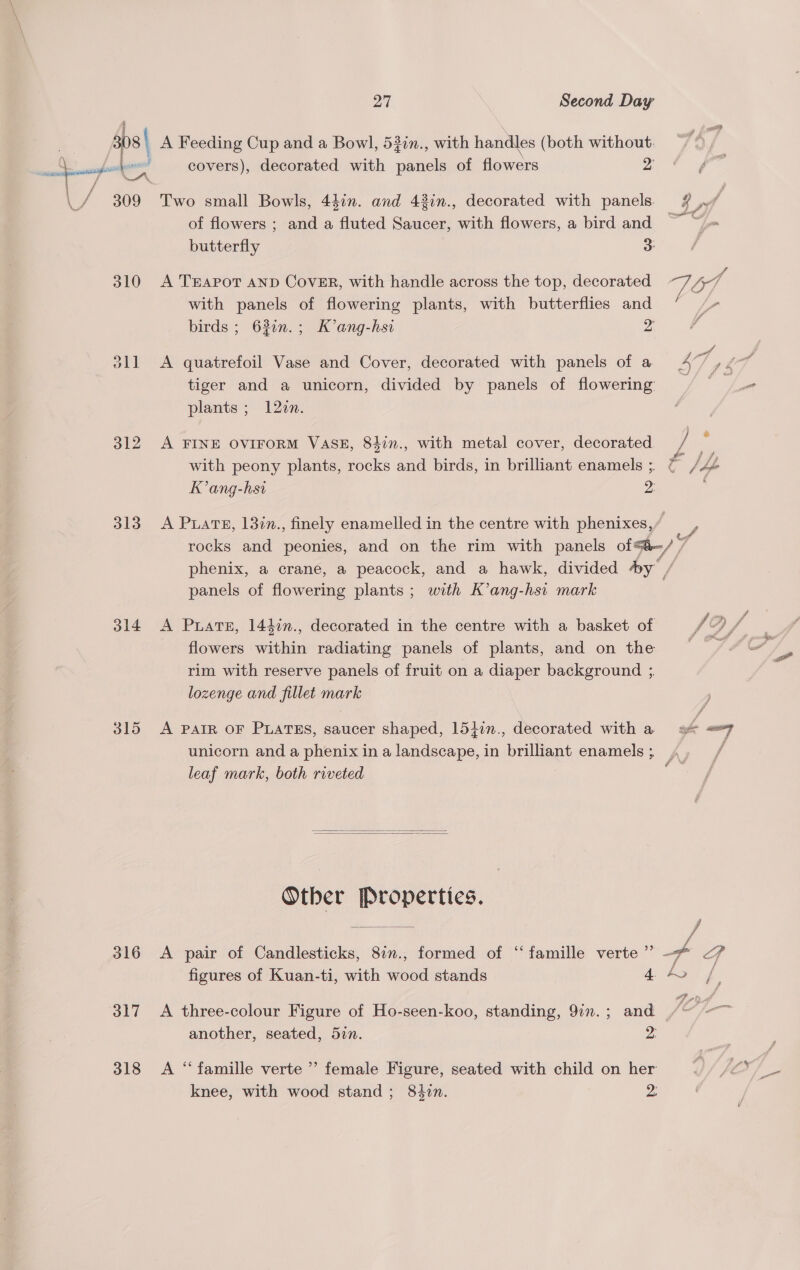 | 309 310 312 313 314 315 covers), decorated with panels of flowers 2: Two small Bowls, 44in. and 432in., decorated with panels. of flowers ; and a fluted Saucer, with flowers, a bird and butterfly 3 A TEAPOT AND COVER, with handle across the top, decorated with panels of flowering plants, with butterflies and birds ; 630n.; K’ang-hsi Wn A quatrefoil Vase and Cover, decorated with panels of a tiger and a unicorn, divided by panels of flowering plants ; 122n. A FINE OVIFORM VASE, 84in., with metal cover, decorated with peony plants, rocks and birds, in brilliant enamels ;. K’ang-hsi a A PuatE, 137n., finely enamelled in the centre with phenixes, o ay ye phenix, a crane, a peacock, and a hawk, divided by / panels of flowering plants ; with K’ang-hsi mark A Puate, 1447n., decorated in the centre with a basket of flowers within radiating panels of plants, and on the rim with reserve panels of fruit on a diaper background ; lozenge and fillet mark A PAIR OF PLATES, saucer shaped, 15j7n., decorated with a unicorn and a phenix in a landscape, in brilliant enamels ; leaf mark, both riveted   Other Properties. 317 318 FA SS eat f er j F