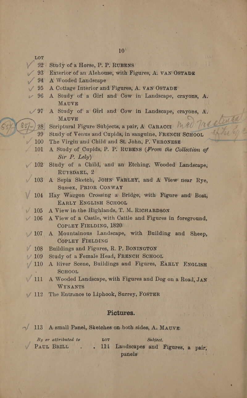 ened 113 10! Exterior of an Alehouse; with Figures, A. VAN OSTADE A Wooded ‘Landscape A Cottage Interior and Figures, A. VAN OSTADE A Study of a Girl and Cow in Landscape, crayons, A. MAUVE A Study of a Girl and Cow in Landscape, ap alah: MAUVE Study of Venus and Cupids; in sanguine, FRENCH SCHOOL A Study of Cupids, P. P. RUBENS (From the Collection of Sir P. Lely) Study of a Child, and an Etching, Wooded’ Landscape, RUYSDAEL, 2 A Sepia Sketch, JOHN VARLEY, and A View’ near BYE Sussex, PRIOR CONWAY Hay Waggon Crossing a Bridge, with Figure and’ Boat; EARLY ENGLISH SCHOOL A View in-the Highlands, T. M. RICHARDSON A View of a Castle, with Cattle and Figures in foreground, COPLEY FIELDING, 1820! A Mountainous Landscape, with Building and Sheep, CopLEY FIELDING Buildings and Figures, R. P. BONINGTON Study of a Female Head, FRENCH SCHOOL A River Scene, Buildings and Figures, EARLY ENGLISH SCHOOL A Wooded Landscape, with Figures and Dog on a Road, J AN WYNANTS The Entrance to Liphook, Surrey, FOSTER Pictures. A small Panel, Sketches on. both sides, A. MAUVE panels’ >, eR,