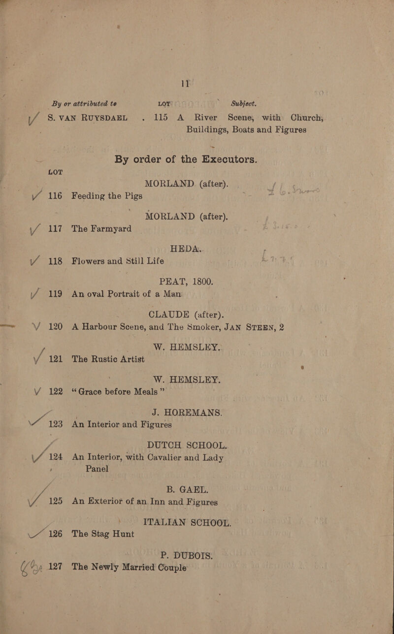 By or attributed to LOTTE, Subject. / S. VAN RUYSDAEL . 115 A _ River Scene, with Church, | Buildings, Boats and Figures ~ By order of the Executors. MORLAND. (after). Y 116 Feeding the Pigs MORLAND (after). ‘i 117 The Farmyard HEDA. if 118 Flowers and Still Life PEAT, 1800. \/ 119 An oval Portrait of a Man CLAUDE (after). YY 120 A Harbour Scene, and The Smoker, JAN STEEN, 2 W. HEMSLEY. Y 121 The Rustic Artist W. HEMSLEY. Y 122 “Grace before Meals” — : | J. HOREMANS. vail 123. An Interior and Figures ¥ DUTCH SCHOOL. \/ 124 An Interior, with Cavalier and Lady Panel 3 | ZA B. GAEL. \ VA 125. An Exterior of an Inn and Figures ITALIAN SCHOOL. _% 126 The Stag Hunt , ~P. DUBOIS. ( Ay, 127 The Newly Married Couple 
