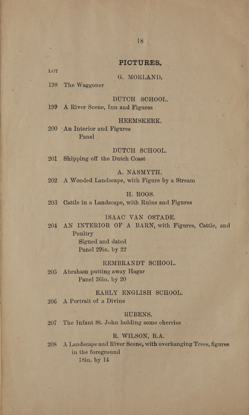  198 199 200 201 202 203 204 209 206 207 205 18 PICTURES. G. MORLAND. The Waggoner DUTCH SCHOOL. A River Scene, Inn and Figures HEEMSKERK. - Panel DUTCH SCHOOL. Shipping off the Dutch Coast A. NASMYTH. A Wooded Landscape, with Figure by a Stream H. ROOS. ISAAC VAN OSTADE. AN INTERIOR OF A BARN, with Figures, Cattle, and Poultry Signed and dated Panel 29in. by 22 REMBRANDT SCHOOL. Abraham putting away Hagar Panel 26in. by 20 EARLY ENGLISH SCHOOL. A Portrait of a Divine RUBENS. The Infant St. John holding some cherries R. WILSON, R.A. A Landscape and River Scene, with overhanging Trees, figures in the foreground 18in. by 14 —