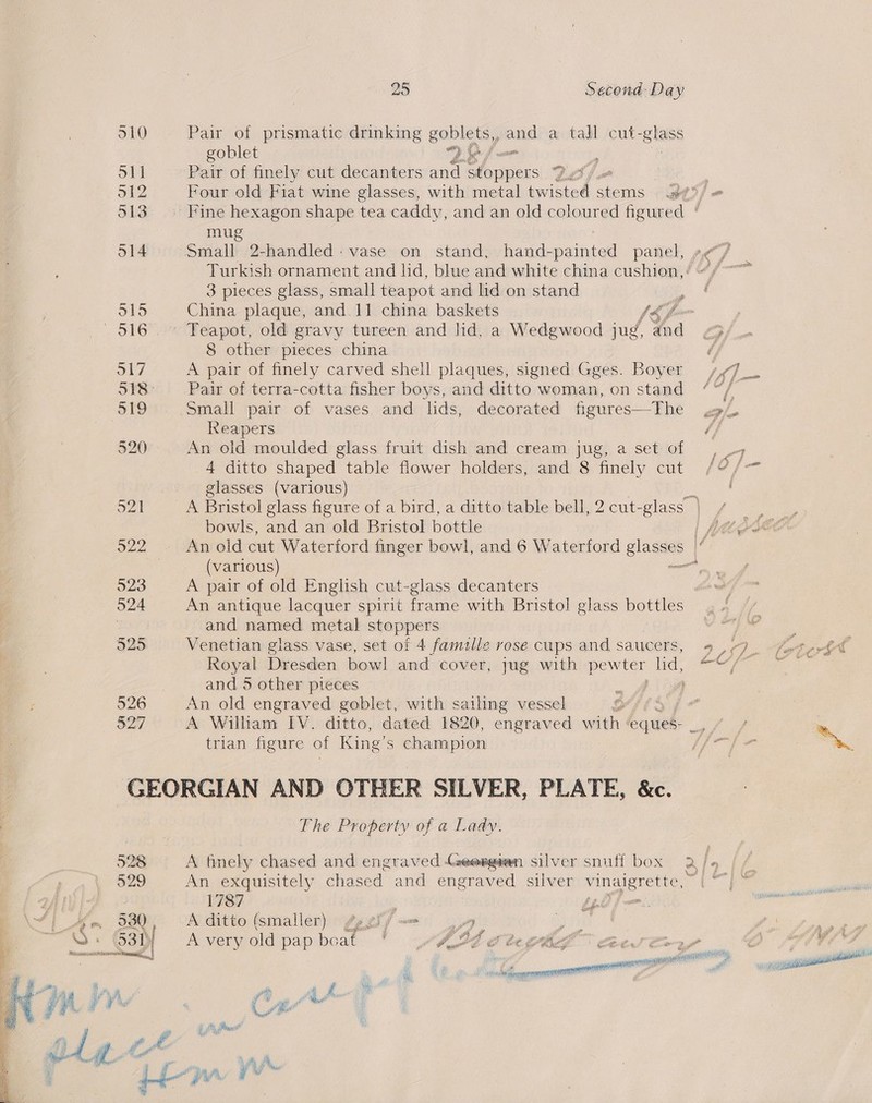 510 Pair of prismatic drinking goblets, and a tall cut- glass goblet Dee fam S11 Pair of finely cut decanters and stoppers Did f 512 Four old Fiat wine glasses, with metal twisted ee wo | 513 Fine hexagon shape tea caddy, and an old coloured figured ° mu 514 Small 2-handled-vase on stand, hand-painted panel, ye? _ Turkish ornament and hd, blue and white china cushion,’ “/- 3 pieces glass, small teapot and lid on stand A 515 China plaque, and 11 china baskets fA foo 516 Teapot, old gravy tureen and Jid, a Wedgwood jug, tod any, 8 other pieces china f, S17 A pair of finely carved shell plaques, signed Gges. Boyer J. 518 _—- Pair of terra-cotta fisher boys, and ditto woman, on stand ‘“/ 519 Small pair of vases. and lids, decorated figures—The ye/, Reapers ff 520. An old moulded glass fruit dish and cream jug, a set of S 4 ditto shaped table flower holders, and 8 finely cut [6/— glasses (various) eGo 521 A Bristol glass figure of a bird, a ditto table bell, 2 eut-glass..) Y bowls, and an old Bristol ndieele | tlie a22 An old cut Waterford finger bowl, and 6 Waterford glasses | | (various) mA O20 A pair of old English cut-glass decanters 524 An antique lacquer spirit frame with Bristol glass bottles and named metal stoppers 925 Venetian glass vase, set of 4 famille rose cups and saucers, oy Royal Dresden bowl and cover, jug with pewter hid, and 5 other pieces 526 An old engraved goblet, with sailing vessel { 3 527 A Wilham IV. ditto, dated 1820, engraved with eques- trian figure of King’ S champion GEORGIAN AND OTHER SILVER, PLATE, &amp;c. 3 The Property of a Lady. 528 A finely chased and engraved -Geesgeean silver snuff box 2 j 7 529 An exquisitely Weced and engraved silver pe ea ae le Fh) f- 1787 ‘ pe Mp os say A ditto (smaller) fp gif == YD. S63} Averyoldpap boat ' L284 eee, a ; Mes para wei paar aa } 