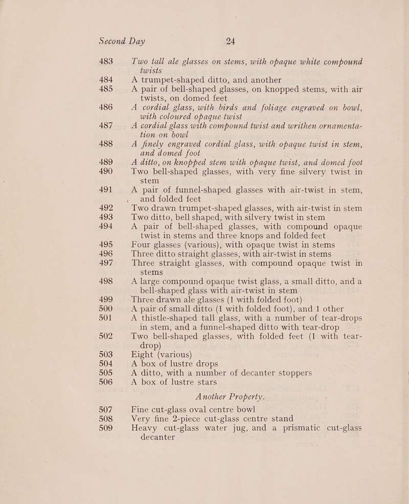 483 484 485 486 487 488 489 491 492 493 494 495 496 497 498 499 500 501 902 503 504 505 506 007 508 509 Two tall ale glasses on stems, with opaque white compound twists A trumpet-shaped ditto, and another A pair of bell-shaped glasses, on knopped stems, with air twists, on domed feet A cordial glass, with birds and foliage engraved on bowl, with coloured opaque twist A cordial glass with compound twist and writhen ornamenta- tion on bowl A finely engraved cordial glass, with opaque twist in stem, and domed foot A ditto, on knopped stem with opaque twist, and domed foot Two bell-shaped glasses, with very fine silvery twist in stem A pair of funnel-shaped glasses with air-twist in stem, and folded feet Two drawn trumpet-shaped glasses, with air-twist in stem Two ditto, bell shaped, with silvery twist in stem A pair of bell-shaped glasses, with compound opaque twist in stems and three knops and folded feet Four glasses (various), with opaque twist in stems Three ditto straight glasses, with air-twist in stems Three straight glasses, with compound opaque twist in stems A large compound opaque twist glass, a small ditto, anda bell-shaped glass with air-twist in stem Three drawn ale glasses (1 with folded foot) A pair of small ditto (1 with folded foot), and 1 other A thistle-shaped tall glass, with a number of tear-drops in stem, and a funnel-shaped ditto with tear-drop Two bell-shaped glasses, with folded feet (1 with tear- drop) Eight (various) A box of lustre drops A ditto, with a number of decanter stoppers A box of lustre stars Another Property. Fine cut-glass oval centre bowl Very fine 2-piece cut-glass centre stand Heavy cut-glass water jug, and a prismatic cut-glass decanter |