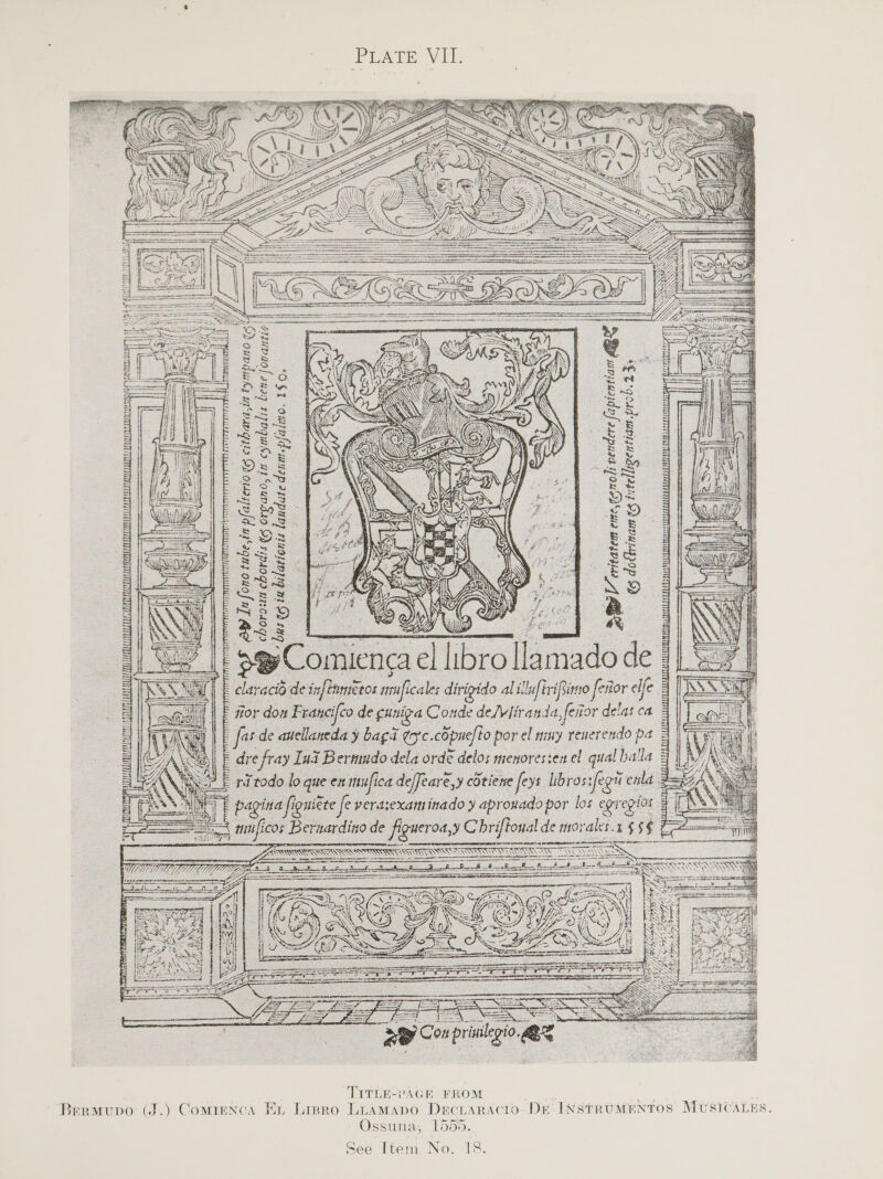 PLATE Vile           e 13 bene [owantio Sc. prob. 2 ard,it tympano or wnbalis jit OF ligentiam named tite i 3 DOPAIS os Orgdno bas ¢6 in bilationis landatedenm.pfaimo. ig 3 rd choroxn chor és dott. by LV eritatem ene,egnoli peudere fapi entiant ABR  | sg@Comiencael libro llamado de || | £ elaracié de in] tnmetos ninficales dirigido al illuftrifsimo [enor elfe a | : f for don Francifco de gusiga Conde de/Viiranda,feor delat ca 3 | | , llaneda y bagad ¢yc.cOpuelto por el muy renerendo pa 1 | ernmdo dela ordé delos menoresien el qual balla 3 | tufica deffeare,y cBtiene feys libros:fegn eal ; ap ln    Pp   BG Con prinilegio Qe  . TITLE-PAGE FROM £5, Brrmvuvo (J.) Comrenca En Lisro Liamapo Deciaracto-DE INSTRUMENTOS MUSICALES. Ossuna, 1555.