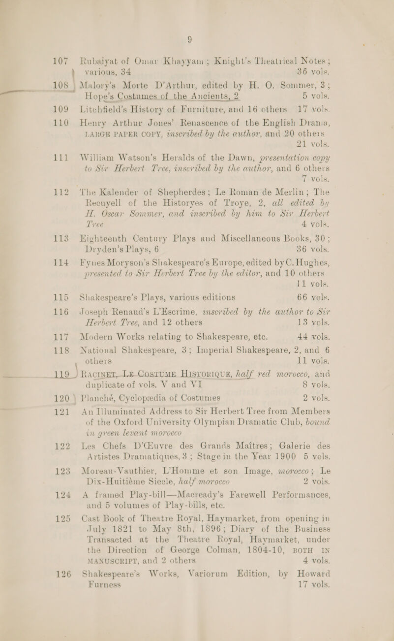 111 112 113 114 115 116 117 118 9 various, 34 36 vols. Hope’s Costumes of the Ancients, 2 5 vols. Litchtield’s History of Furniture, and 16 others 17 vols. Henry Arthur Jones’ Renascence of the English Drania, LARGE PAPER COPY, inscribed by the author, and 20 others 21 vols. William Watson’s Heralds of the Dawn, presentation copy to Sir Herbert Tiree, inscribed by the author, and 6 others 7 vols. Recuyell of the Historyes of Troye, 2, all edited by H. Oscax Sommer, and inseribed by him to Sir Herbert Tree 4 vols. Eighteenth Century Plays aud Miscellaneous Books, 30 ; Dryden’s Plays, 6 36 vols. Fynes Moryson’s Shakespeare's Europe, edited by C. Hughes, presented to Sir Herbert Tree by the editor, and 10 others 11 vols. Shakespeare’s Plays, various editions 66 vols. Joseph Renaud’s L’Escrime, inscribed by the author to Sir Herbert Tree, and 12 others 13 vols. Modern Works relating to Shakespeare, etc. 44 vols. National Shakespeare, 3; Imperial Shakespeare, 2, and 6 others 11 vols. 119 U Ractnet,-Le-CosruME HistoriquE, half red morocco, and duplicate of vols. V and VI 8 vols. Planché, Cyclopedia of Costumes 2 vols. 120° 121 126 An Illuminated Address to Sir Herbert Tree from Members of the Oxford University Olympian Dramatic Club, bownd in green levant morocco Les Chefs D’CEuvre des Grands Maitres; Galerie des Artistes Dramatiques, 3; Stagein the Year 1900 5 vols. Moreau-Vauthier, L’Homme et son Image, morocco; Le Dix-Huitiéme Siecle, half morocco 2 vols. A framed Play-bill—Macready’s Farewell Performances, and 5 volumes of Play-bills, ete. Cast Book of Theatre Royal, Haymarket, from opening in July 1821 to May 8th, 1896; Diary of the Business Transacted at the Theatre Royal, Haymarket, under the Direction of George Colman, 1804-10, BOTH IN MANUSCRIPT, and 2 others 4 vols. Shakespeare's Works, Variorum Edition, by Howard Furness 17 vols.