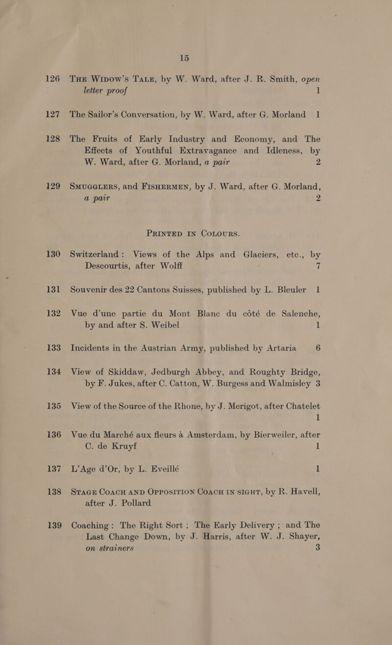 126 127 128 129 130 131 132 133 134 135 136 137 138 139 THE Wipow’s Taz, by W. Ward, after J. R. Smith, open letter proof ] The Sailor’s Conversation, by W. Ward, after G. Morland 1 The Fruits of Early Industry and Economy, and The Effects of Youthful Extravagance and Idleness, by W. Ward, after G. Morland, a pair 2 SMUGGLERS, and FISHERMEN, by J. Ward, after G. Morland, a pair 2 PRINTED IN COLOURS. Switzerland: Views of the Alps and Glaciers, etc., by Descourtis, after Wolff iL Souvenir des 22 Cantons Suisses, published by L. Bleuler_ 1 Vue d’une partie du Mont Blanc du coté de Salenche, by and after 8. Weibel 1 Incidents in the Austrian Army, published by Artaria 6 View of Skiddaw, Jedburgh Abbey, and Roughty Bridge, by F. Jukes, after C. Catton, W. Burgess and Walmisley 3 View of the Source of the Rhone, by J. Merigot, after Chatelet 1 Vue du Marché aux fleurs a Amsterdam, by Bierweiler, after C. de Kruyf 1 L’Age d’Or, by L. Eveillé I StaGE CoACH AND OPPOSITION COACH IN SIGHT, by R. Havell, after J. Pollard Coaching: The Right Sort ; The Early Delivery ; and The Last Change Down, by J. Harris, after W. J. Shayer,