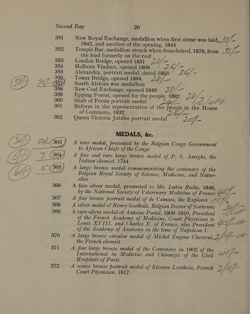 351 352 370 371 372 New Royal Exchange, medallion when first stone was laid, 25/2 1842, and another of the opening, 1844 Temple Bar, medallion struck when demolished, 1878, from %5/— the lead formerly on the roof = London Bridge, opened 1831 25/— Holborn Viaduct, opened 1869 / 2 c/- ay Alexandra, portrait medal, dated 1863 ~ LG - Tower Bridge, opened 1894 Z28/ — South African war medallion VA New Coal Exchange, opened 1849 2.°/— yy Epping Forest, opened for the people, 1882 p84) ie Shah of Persia portrait medal pitta LEI E4 Reform in the representation of the people in the House of Commons, 1832 Zao: Queen Victoria Jubilee portrait medal“ 2ff- Ps o r # MEDALS, &amp;c. A rare medal, presented by the Belgian Congo Government to African Chiefs of the Congo A fine and rare large bronze medal of P. S. Arright, the Italian chemist, 1744 A large bronze medal commemorating the centenary of the Belgian Royal Society of Science, Medicine, and Natur- elles : A fine silver medal, presented to Mr. Lubin Roche, 1848, 4 by the National Society of Veterinary Medicine of France GS /— A fine bronze portrait medal of de Camoes, the Explorer A776 A silver medal of Henry Goethals, Belgian Doctor of Sorbonne - Sy A rare silver medal of Antoine Portal, 1809-1810, President cA of the French Academy of Medicine, Court Physician to A large bronze circular medal of Michel Eugene Chevreul, 2/ the French chemist  A fine large bronze medal of the Centenary in 1902 of the , 4 (se International in Medicine and Chirurgie of the Civil F°/ Hospitals of Paris + ee A scarce bronze portrait medal of Etienne Lanthois, French Wee Court Physician, 1817 © eee eee ee esas