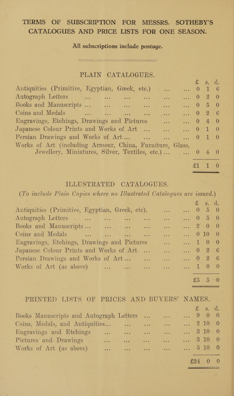 TERMS OF SUBSCRIPTION FOR MESSRS. SOTHEBY’S CATALOGUES AND PRICE LISTS FOR ONE SEASON. All subscriptions include postage.   PLAIN CATALOGUES. ol Be. Oe Antiquities (Primitive, Egyptian, Greek, etc.) Oi Al ea6 Autograph Letters ie J OS 20 Books and Manuscripts ... Bese |) Coins and Medals ; O86 Engravings, Etchings, ieee and Bectines 0 4 0 Japanese Colour Prints and Works of Art Oe Persian Drawings and Works of Art.. 05-1550 Works of Art (including Armour, Chane: nicer fie Jewellery, Miniatures, Silver, Textiles, CCS) eevee ee S12, £1 i ILLUSTRATED CATALOGUES. (To include Plain Copies where no Illustrated Catalogues are issued.) coker “OPA Antiquities (Primitive, ee Greek, pre i eee Autograph Letters 0s 3520) Books and Manuscripts ... @ 0 220 Coins and Medals : 0-10-90 Engravings, Htchings, Drange a Bisnares 1 O20 Japanese Colour Prints and Works of Art i pee Persian Drawings and Works of Art... OS 2° 36 Works of Art (as above) aa Oars () £5 5-0 PRINTED. LISTS OF PRICES AND BUYERS’ NAMES. Bae chen’ 65 Books Manuscripts and Autograph Letters ... : vie BOAO ED) Coins, Medals, and Antiquities... io ee Se2 one OL 0 Kngravings and Etchings 3° 10=0 Pictures and- Drawings 3 10.°°0 Works of Art (as above) a 10-2)