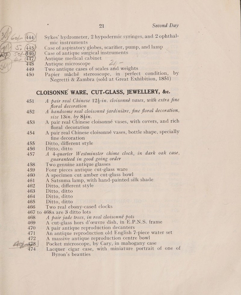  461 462 463 464 465 466  Sykes’ hydrometer, 2 hypodermic syringes, and 2 ophthal- mic instruments Case of aspiratory globes, scarifier, pump, and lamp Case of antique surgical instruments : Two antique cases of scales and weights Papier maché stereoscope, in perfect eordition, “Dy Negretti &amp; Zambra (sold at Great Exhibition, 1851) A pair veal Chinese 124-in. cloisonné vases, with extra fine floral decoration A handsome real cloisonné jardiniére, fine floral decoration, size 13in. by 84in. A pair real Chinese cloisonné vases, with covers, and rich floral decoration A pair real Chinese cloisonné vases, bottle shape, specially fine decoration Ditto, different style Ditto; drtto A 4A-quarter Westminster chime clock, in dark oak case, guaranteed in good going order Two genuine antique glasses Four pieces antique cut-glass ware A specimen cut amber cut-glass bowl A Satsuma lamp, with hand-painted silk shade Ditto, different style Ditto, ditto Ditto, ditto Ditto, ditto Two real ebony-cased clocks 468 469 470 47] | A pair jade trees, in real cloisonne pots A cut-glass hors d’ceuvre dish, in E.P.N.S. frame A pair antique reproduction decanters An antique reproduction old English 7-piece water set A massive antique reproduction centre bowl Pocket microscope, by Cary, in mahogany case Lacquer cigar case, with miniature portrait of one of Byron’s beauties