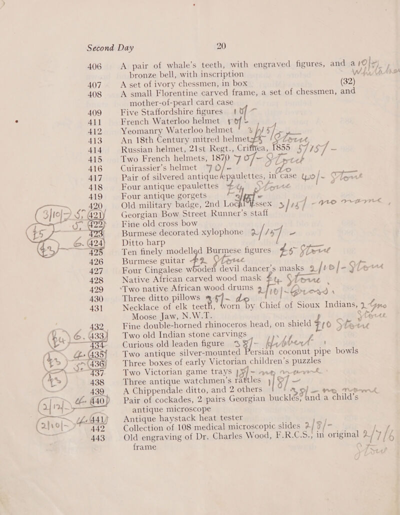 406 A pair of whale’s teeth, with engraved figures, and a 19/3 bronze bell, with inscription Whit 407 A set of ivory chessmen, in box (32) 408 A small Florentine carved frame, a set of chessmen, and mother-of-pearl card case 409 Five Staffordshire figures 1 | 411 French Waterloo helmet fe 412 Yeomanry Waterloo helmet ! 3 //5/ 413 An 18th Century mitred helmet34~ [x len. ¢ 414 Russian helmet, 21st Regt., Criffiea, 1855 57 ‘187 = 415 Two French helmets, 187) ‘7 oO] S Lap yb 416 Cuirassier’s helmet 7 O/- ‘ihe 417 Pair of silvered antique epauettesy int ‘CASE Uo / PEWS. 418 Four antique epaulettes 4 [- ses 419 Four antique gorgets def 420 Old military badge, 2nd Lege SSekw Syed ee EVV 421) Georgian Bow Street Runner’s staff | Fine ‘old cross bow Burmese decorated xylophone a/15] Ditto harp Ten finely modelled Burmese figures ts § yor Teel Burmese guitar 2. pyite Four Cingalese wooden bsp dancer's masks 9 5 /? &amp; |-§ y Le Native African carved wood mask 2a 3 re xt ‘Two native African wood poh vfie)- “ Three ditto pillows f|- do re oe Necklace of elk He worn by Chief of Sioux Indians, }. timc Moose Jaw, N.W.T. 9 fe Fine double-horned rhinoceros head, on shield $10 v8 Two old Indian stone carvings ’ 7. or Curious old leaden figure % 5) - hl ot ie: Ad. / Aoi as Two antique silver-mounted ersian coconut pipe bowls Three boxes of early Victorian children’s puzzles Two Victorian game trays | 3] = Mn tear | Three antique watchmen’s rattles 1 §/ 1 foe? A Chippendale ditto, and 2 others 9] — re Tet Pair of cockades, 2 pairs Georgian buckles, and a ehila? S antique microscope Antique haystack heat tester Collection of 108 medical microscopic slides 2/ - / Old engraving of Dr. Charles Wood, F.R.C. oa, in original 9_/ ai if frame oy te  ’ + feo £t_4 &amp; 