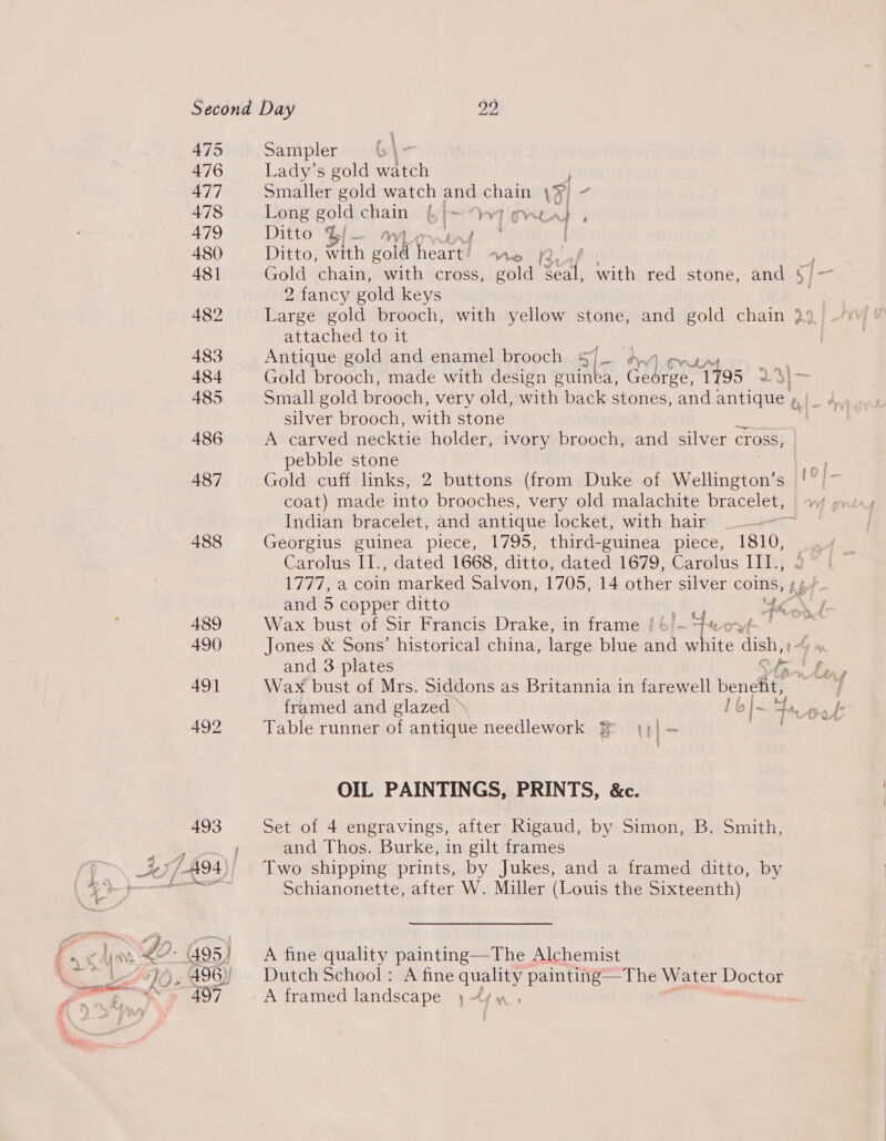 475 Sampler G 476 Lady’s gold Width 477 Smaller gold watch and chain \‘ + “ 478 Long gold chain | on YW OKLA } , 479 —s- Ditto F/-— m | 480 Ditto, with eole ieee 4 | Me (ty 2 fancy gold keys attached to it | 483 Antique gold and enamel brooch 5(- AW) ov 484 Gold brooch, made with design guin 485 Small gold brooch, very old, with back stones, and antique ,, silver brooch, with stone 486 A carved necktie holder, ivory brooch, and silver cross, pebble stone 487 Gold cuff links, 2 buttons (from Duke of Tyan eons coat) made into brooches, very old malachite bracelet, Indian bracelet, and antique locket, with hair 488 Georgius guinea piece, 1795, third-guinea piece, 1810, Carolus II., dated 1668, ditto, dated 1679, Carolus III., LOT a coin marked Salvon, 1705, 14 other silver coins, § F 489 Wax bust of Sir Francis Drake, in frame | 6)~ Fe ox 4 490) Jones &amp; Sons’ historical china, large blue and in Pe dish, ) and 3 plates 491 Wax bust of Mrs. Siddons as Britannia in farewell benefit, 492 Table runner of antique needlework § OIL PAINTINGS, PRINTS, &amp;c. 493 Set of 4 engravings, after Rigaud, by Simon, B. Smith, and Thos. Burke, in gilt frames Schianonette, after W. Miller (Louis the Sixteenth) - 495) | A fine quality painting—The Alchemist _ 496!) Dutch School: A fine quality painting—The Water Doctor