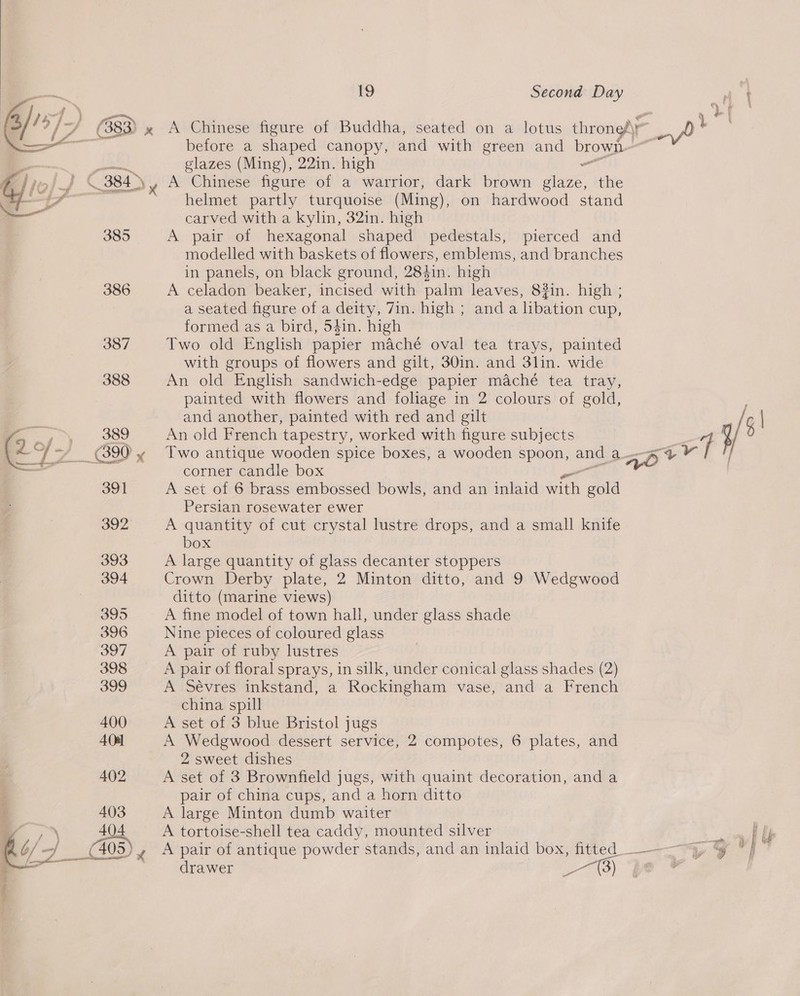  ape. aaa ~~ al 385 386 403 404 19 Second Day glazes (Ming), 22in. high A Chinese figure of a warrior, dark brown Hare the helmet partly turquoise (Ming), on hardwood stand carved with a kylin, 32in. high A pair of hexagonal shaped pedestals, pierced and modelled with baskets of flowers, emblems, and branches in panels, on black ground, 284in. high A celadon beaker, incised with palm leaves, 8#in. high ; a seated figure of a deity, 7in. high ; anda lbation cup, formed as a bird, 54in. high Two old English papier maché oval tea trays, painted with groups of flowers and gilt, 30in. and 3lin. wide An old English sandwich-edge papier maché tea tray, painted with flowers and foliage in 2 colours of gold, and another, painted with red and gilt An old French tapestry, worked with figure subjects Two antique wooden spice boxes, a wooden spoon, and LAD corner candle box A set of 6 brass embossed bowls, and an inlaid ak gold Persian rosewater ewer A quantity of cut crystal lustre drops, and a small knife box A large quantity of glass decanter stoppers Crown Derby plate, 2 Minton ditto, and 9 Wedgwood ditto (marine views) A fine model of town hall, under glass shade Nine pieces of coloured glass A pair of ruby lustres A pair of floral sprays, in silk, under conical glass shades (2) A Sévres inkstand, a Rockingham vase, and a French china spill A set of 3 blue Bristol jugs A Wedgwood dessert service, 2 compotes, 6 plates, and 2 sweet dishes A set of 3 Brownfield jugs, with quaint decoration, and a pair of china cups, and a horn ditto A large Minton dumb waiter A tortoise-shell tea caddy, mounted silver drawer tm bss