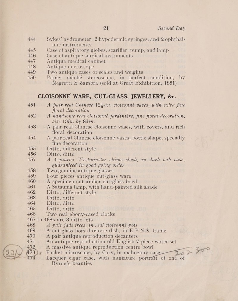 444 Sykes’ hydrometer, 2 hypodermic syringes, and 2 ophthal- mic instruments 445 Case of aspiratory globes, scarifier, pump, and lamp 446 Case of antique surgical instruments 447 Antique medical cabinet 448 Antique microscope 449 Two antique cases of scales and weights 450 Papier mache stereoscope, in perfect condition, by Negretti &amp; Zambra (sold at Great Exhibition, 1851) CLOISONNE WARE, CUT-GLASS, JEWELLERY, &amp;c. 451 A pair real Chinese 124-1n. clotsonné vases, with extra fine floral decoration 452 A handsome real cloisonné jardiniére, fine floral decoration, size 13in. by Bhan. 453 A pair real Chinese cloisonné vases, with covers, and rich floral decoration 454 A pair real Chinese cloisonne vases, bottle shape, specially fine decoration 455 Ditto, different style 456 Ditto, ditto 457 A 4-quarter Westminster chime clock, 1n dark oak case, guaranteed in good going order 458 Two genuine antique glasses 459 Four pieces antique cut-glass ware — 460 A specimen cut amber cut-glass bowl 461 A Satsuma lamp, with hand-painted silk shade 462 Ditto, different style 463 Ditto, ditto 464 Ditto, ditto 465 Ditto, ditto 466 Two real ebony-cased clocks 467 to 468A are 3 ditto lots 468 A pair jade trees, 1n real cloisonné pots 469 A cut-glass hors d’ceuvre dish, in E.P.N.S. frame 470 A pair antique reproduction decanters 47] An antique reproduction old English 7-piece water set 47 A massive antique reproduction centre bowl a, 73) x Pocket microscope, by Cary, in mahogany case 5 .  87s. Lacquer cigar case, with miniature portrait of one of Byron’s beauties