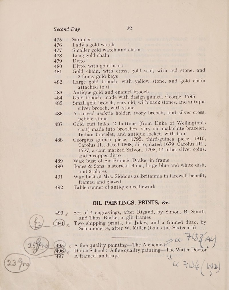  475 476 477 478 479 480 Sampler Lady’s gold watch Smaller gold watch and chain Long gold chain Ditto Ditto, with gold heart Gold chain, with cross, gold seal, with red stone, and 2 fancy gold keys Large gold brooch, with yellow stone, and gold chain attached to it Antique gold and enamel brooch Gold brooch, made with design guinea, George, 1795 Small gold brooch, very old, with back stones, and antique silver brooch, with stone A carved necktie holder, ivory brooch, and silver cross, pebble stone Gold cuff links, 2 buttons (from Duke of Wellington's coat) made into brooches, very old malachite bracelet, Indian bracelet, and antique locket, with hair Georgius guinea piece, 1795, third-guinea piece, 1810, Carolus II., dated 1668, ditto, dated 1679, Carolus II., 1777, a coin marked Salvon, 1705, 14 other silver coins, Wax bust of Sir Francis Drake, in frame Jones &amp; Sons’ historical china, large blue and white dish, and 3 plates Wax bust of Mrs. Siddons as Britannia in farewell benefit, framed and glazed Table runner of antique needlework OIL PAINTINGS, PRINTS, &amp;c. Set of 4 engravings, after Rigaud, by Simon, B. Smith, and Thos. Burke, in gilt frames Two shipping prints, by Jukes, and a framed ditto, by Schianonette, after W. Miller (Louis the Sixteenth) essy &gt; | f fa = CL TS 3 AY A fine quality painting—The Alchemist~ A framed landscape Nt be Tle Wb) KL