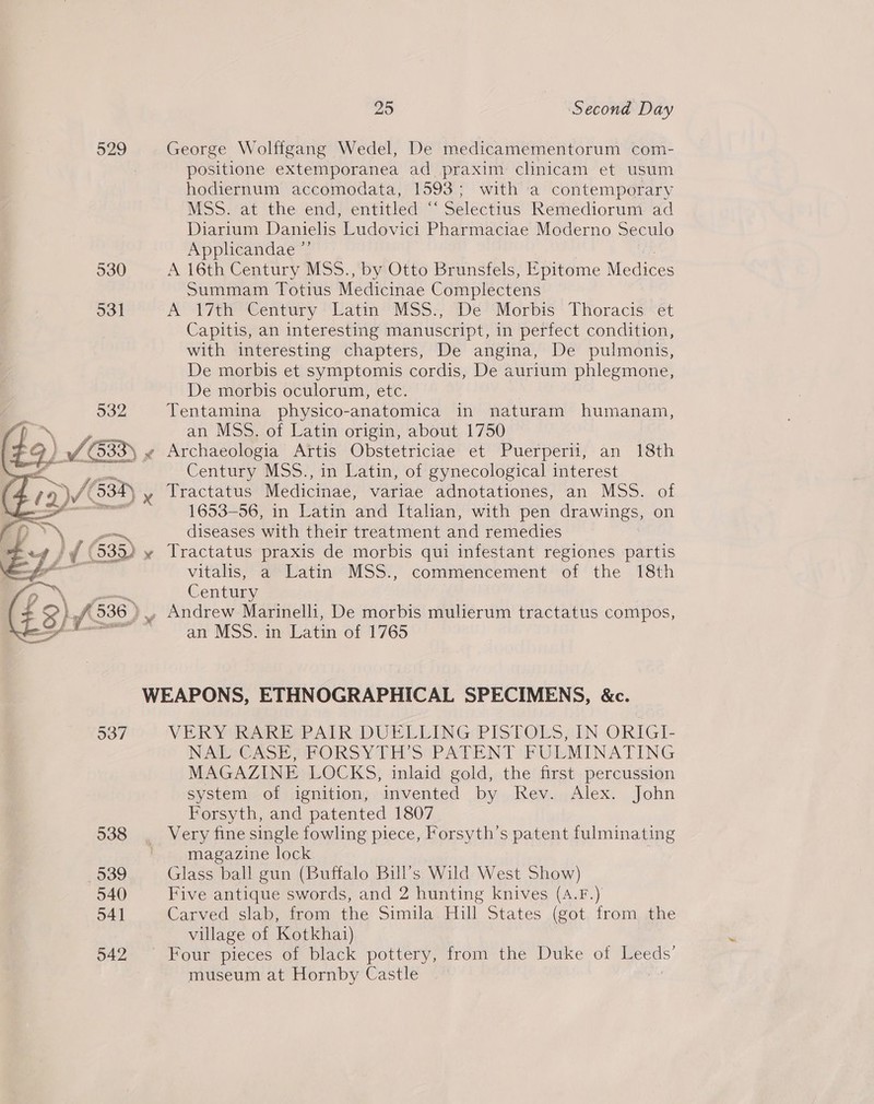 529 George Wolffgang Wedel, De medicamementorum com- positione extemporanea ad praxim clinicam et usum hodiernum accomodata, 1593; with a contemporary MSS. at the end, entitled ‘“‘ Selectius Remediorum ad Diarium Danielis Ludovici Pharmaciae Moderno Seculo Applicandae ”’ 530 A 16th Century MSS., by Otto Brunsfels, Epitome Medices Summam Totius Medicinae Complectens ool A 17th Century Latin MSS-, De ‘Morbis ' Thoracis:~et Capitis, an interesting manuscript, in perfect condition, with interesting chapters, De angina, De pulmonis, De morbis et symptomis cordis, De aurium phlegmone, De morbis oculorum, etc. Tentamina physico-anatomica in naturam humanam, an MSS. of Latin origin, about 1750 ¢ Archaeologia Artis Obstetriciae et Puerperii, an 18th Century MSS., in Latin, of gynecological interest Tractatus Medicinae, variae adnotationes, an MSS. of 1653-56, in Latin and Italian, with pen drawings, on diseases with their treatment and remedies Tractatus praxis de morbis qui infestant regiones partis vitalis, a Latin MSS., commencement of the 18th Century , Andrew Marinelli, De morbis mulierum tractatus compos, an MSS. in Latin of 1765  WEAPONS, ETHNOGRAPHICAL SPECIMENS, &amp;c. 537 VERY RARE PAIR DUELLING PISTOLS, IN ORIGI- NA CASR UPORSYAHIScPAPENT FURMINATING MAGAZINE LOCKS, inlaid gold, the first percussion system of ignition, invented by Rev. Alex. John Forsyth, and patented 1807 538 _ Very fine single fowling piece, Forsyth’s patent fulminating magazine lock 539 Glass ball gun (Buffalo Bill’s Wild West Show) 540 Five antique swords, and 2 hunting knives (A.F.) 54] Carved slab, from the Simila Hill States (got from the village of Kotkha1) 542 Four pieces of black pottery, from the Duke of oo museum at Hornby Castle