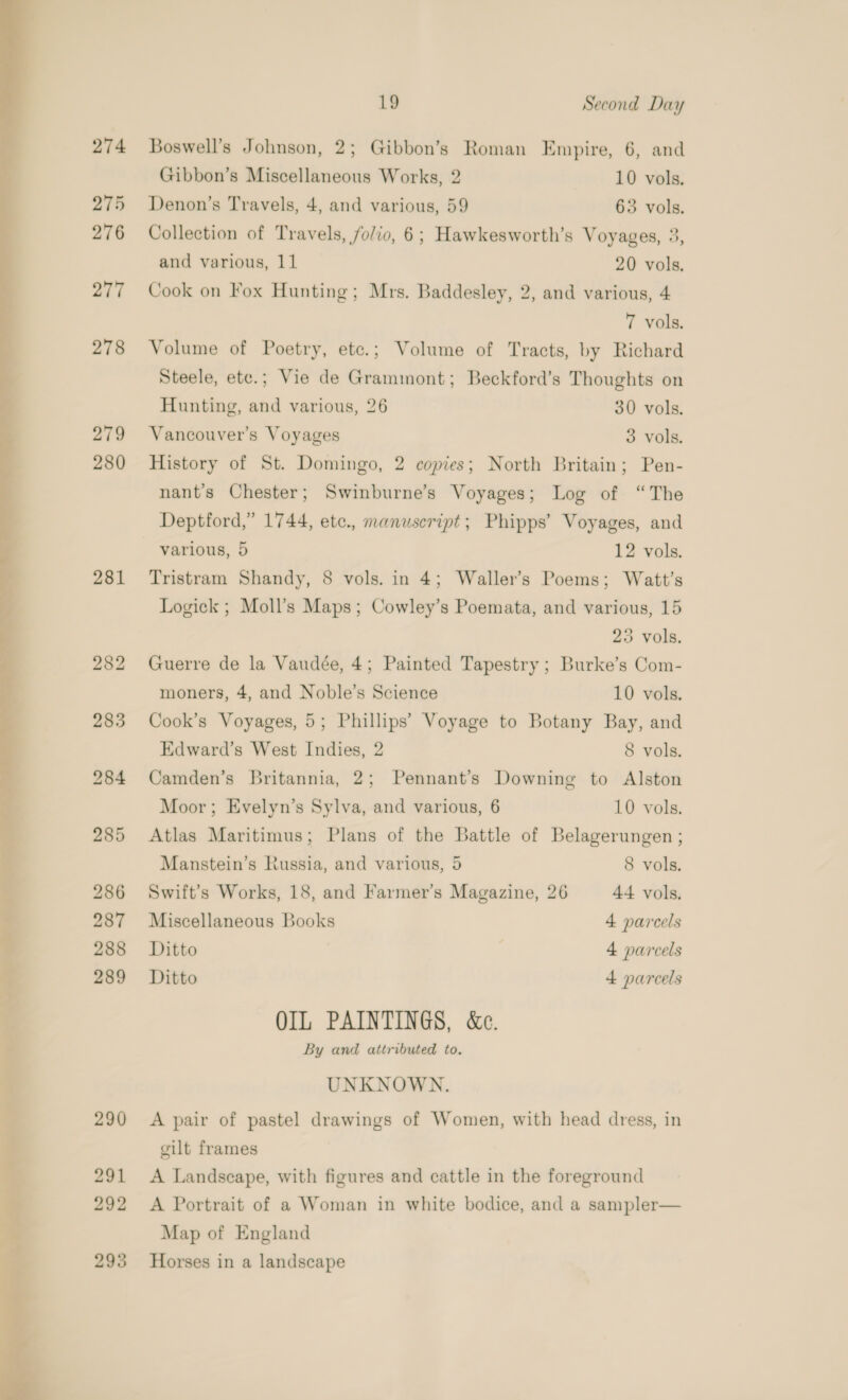   274 275 276 277 278 279 280 281 290 291 292 293 19 Second Day Boswell’s Johnson, 2; Gibbon’s Roman Empire, 6, and Gibbon’s Miscellaneous Works, 2 10 vols. Denon’s Travels, 4, and various, 59 63 vols. Collection of Travels, folio, 6; Hawkesworth’s Voyages, 3, and various, 11 20 vols. Cook on Fox Hunting; Mrs. Baddesley, 2, and various, 4 7 vols. Volume of Poetry, etc.; Volume of Tracts, by Richard Steele, ete.; Vie de Graminont; Beckford’s Thoughts on Hunting, and various, 26 30 vols. Vancouver’s Voyages 3 vols. History of St. Domingo, 2 copies; North Britain; Pen- nant’s Chester; Swinburne’s Voyages; Log of “The Deptford,” 1744, ete., manuscript; Phipps’ Voyages, and various, 5 12 vols. Tristram Shandy, 8 vols. in 4; Waller’s Poems; Watt’s Logick ; Moll’s Maps; Cowley’s Poemata, and various, 15 25 vols. Guerre de la Vaudée, 4; Painted Tapestry; Burke’s Com- moners, 4, and Noble’s Science 10 vols. Cook’s Voyages, 5; Phillips’ Voyage to Botany Bay, and Edward’s West Indies, 2 8 vols. Camden’s Britannia, 2; Pennant’s Downing to Alston Moor; Evelyn’s Sylva, and various, 6 10 vols. Atlas Maritimus; Plans of the Battle of Belagerungen ; Manstein’s Russia, and various, 5 8 vols. Swift’s Works, 18, and Farmer’s Magazine, 26 44 vols. Miscellaneous Books 4 parcels Ditto 4 parcels Ditto 4 parcels OIL PAINTINGS, &amp;e. By and attributed to. UNKNOWN. A pair of pastel drawings of Women, with head dress, in gilt frames A Landscape, with figures and cattle in the foreground A Portrait of a Woman in white bodice, and a sampler— Map of England Horses in a landscape