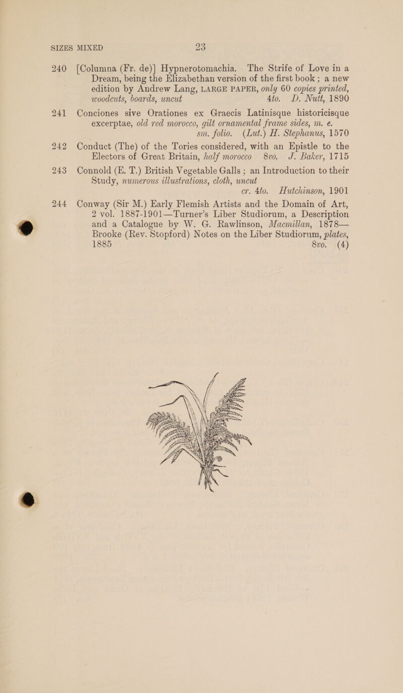 240 244 [Columna (Fr. de)| Hypnerotomachia. The Strife of Love in a Dream, being the Elizabethan version of the first book ; a new edition by Andrew Lang, LARGE PAPER, only 60 copies printed, woodcuts, boards, uncut 4io. D. Nutt, 1890 Conciones sive Orationes ex Graecis Latinisque historicisque excerptae, old red morocco, gilt ornamental frame sides, m. @. sm. folio. (Lut.) H. Stephanus, 1570 Conduct (The) of the Tories considered, with an Epistle to the Electors of Great Britain, half morocco 8vo. J. Baker, 1715 Connold (E. T.) British Vegetable Galls ; an Introduction to their Study, numerous illustrations, cloth, uncut cr. 4to. Hutchinson, 1901 Conway (Sir M.) Early Flemish Artists and the Domain of Art, 2 vol. 1887-1901—Turner’s Liber Studiorum, a Description and a Catalogue by W. G. Rawlinson, Macmillan, 1878— Brooke (Rev. Stopford) Notes on the Liber Studiorum, plates, 1885 8vo. (4)