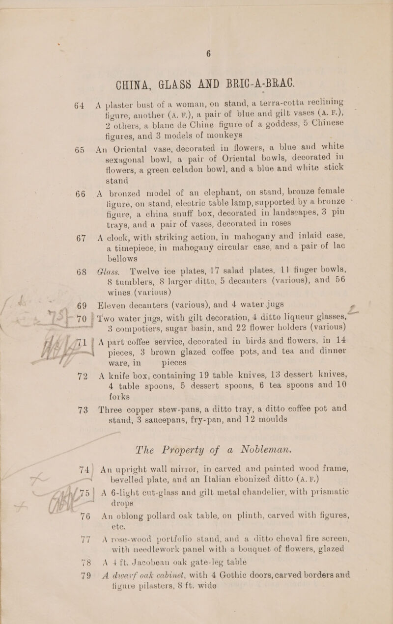 64 65 66 67 68 73 ew aU erence’ CHINA, GLASS AND BRIC-A-BRAC. A plaster bust of a woman, on stand, a terra-cotta reclining fizure, another (A. F.), a pair of blue and gilt vases (A. F.), 2 others, a blanc de Chine figure of a goddess, 0 Chinese figures, and 3 models of monkeys An Oriental vase, decorated in flowers, a blue and white sexagonal bowl, a pair of Oriental bowls, decorated in flowers, a green celadon bowl, and a blue and white stick stand A bronzed model of an elephant, on stand, bronze female figure, a china snuff box, decorated in landscapes, 3 pin trays, and a pair of vases, decorated in roses A clock, with striking action, in mahogany and inlaid case, a timepiece, in mahogany circular case, and a pair of lac bellows Glass. Twelve ice plates, 17 salad plates, 11 finger bowls, 8 tumblers, 8 larger ditto, 5 decanters (various), and 56 wines (various) Eleven decanters (various), and 4 water jugs 3 compotiers, sugar basin, and 22 flower holders (various) A part coffee service, decorated in birds and flowers, in 14 pieces, 3 brown glazed coffee pots, and tea and dinner ware, in pieces A knife box, containing 19 table knives, 13 dessert knives, forks Three copper stew-pans, a ditto tray, a ditto coffee pot and stand, 3 saucepans, fry-pan, and 12 moulds The Property of a Nobleman. An upright wall mirror, in carved and painted wood frame, bevelled plate, and an Italian ebonized ditto (A. F.) A 6-light cut-glass and gilt metal chandelier, with prismatic drops An oblong pollard oak table, on plinth, carved with figures, etc. A rose-wood portfolio stand, and a ditto cheval fire screen, with needlework panel with a bouquet of flowers, glazed A 4 ft. Jacobean oak gate-leg table A dwarf oak cabinet, with 4 Gothic doors, carved borders and tivure pilasters, 8 ft. wide £
