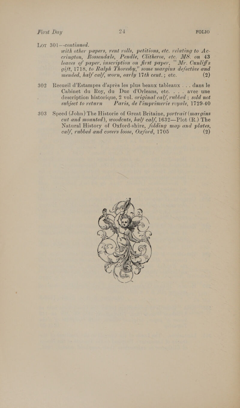 First Day 2 4 FOLIO Lor 301—-continued. with other papers, rent rolls, petitions, etc. relating to Ac- crington, Rossendale, Pendle, Clitheroe, etc. MS. on 43 leaves of paper, inscription on first paper, “Mr. Cunlift's gift, 1718, to Ralph Thoresby,” some margins defective and mended, half calf, worn, early 17th cent. ; etc. (2) 302 Recueil d’Estampes d’aprés les plus beaux tableaux... dans le Cabinet du Roy, du Due d’Orleans, ete. . .. avec une description historique, 2 vol. original calf, rubbed ; sold not subject to return Paris, de Vimprimerie royale, 1729-40 303. Speed (John) The Historie of Great Britaine, portrait (margins cut and mounted), woodcuts, half calf, 1632—Plot (R.) The Natural History of Oxford-shire, folding map and plates, calf, rubbed and covers loose, Oxford, 1705 (2) 