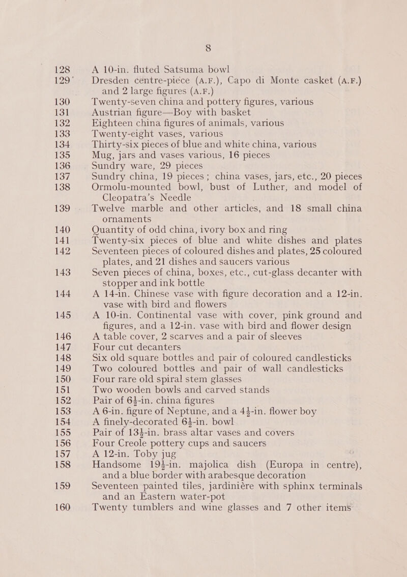 128 131 132 133 134 135 136 137 138 139 140 141 142 143 144 145 146 147 148 149 150 151 152 153 154 155 156 157 158 159 8 A 10-in. fluted Satsuma bowl Dresden centre-piece (A.F.), Capo di Monte casket (A.F.) and 2 large figures (A.F,) Twenty-seven china and pottery figures, various Austrian figure—Boy with basket Eighteen china figures of animals, various Twenty-eight vases, various Thirty-six pieces of blue and white china, various Mug, jars and vases various, 16 pieces Sundry ware, 29 pieces Sundry china, 19 pieces; china vases, jars, etc., 20 pieces Ormolu-mounted bowl, bust of Luther, and model of Cleopatra’s Needle Twelve marble and other articles, and 18 small china ornaments Quantity of odd china, ivory box and ring Twenty-six pieces of blue and white dishes and plates Seventeen pieces of coloured dishes and plates, 25 coloured plates, and 21 dishes and saucers various Seven pieces of china, boxes, etc., cut-glass decanter with stopper and ink hottle A 14-in. Chinese vase with figure decoration and a 12-in. vase with bird and flowers A 10-in. Continental vase with cover, pink ground and figures, and a 12-in. vase with bird and flower design A table cover, 2 scarves and a pair of sleeves Four cut decanters Six old square bottles and pair of coloured candlesticks Two coloured bottles and pair of wall candlesticks Four rare old spiral stem glasses Two wooden bowls and carved stands Pair of 64-in. china figures A 6-in. figure of Neg eis and a 44-in. flower boy A finely-decorated 64-in. bowl Pair of 134-in. brass ‘altar vases and covers Four Creole pottery cups and saucers A 12-in. Toby jug | Handsome 19$-in. majolica dish (Europa in centre), and a blue border with arabesque decoration Seventeen painted tiles, jardiniére with sphinx terminals and an Eastern water-pot