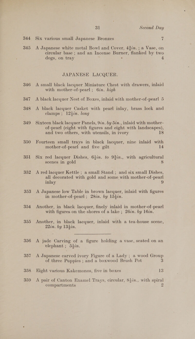344 345 346 347 348 349 350 301 352 303 354 305 308 309 al Second Day Six various small Japanese Bronzes 7 A Japanese white metal Bowl and Cover, 43in. ; a Vase, on circular base ; and an Incense Burner, flanked by two dogs, on tray . JAPANESE LACQUER. A small black lacquer Miniature Chest with drawers, inlaid with mother-of-pearl ; 62n. high A black lacquer Nest of Boxes, inlaid with mother-of-pearl 5 A black lacquer Casket with pearl inlay, brass lock and clamps ; 1240n. long Sixteen black lacquer Panels, 917. by 57n., inlaid with mother- of-pearl (eight with figures and eight with landscapes), and two others, with utensils, in ivory 18 Fourteen small trays in black lacquer, nine inlaid with mother-of-pearl and five gilt 14 Six red lacquer Dishes, 641m. to 920n., with agricultural scenes in gold | 8 A red lacquer Kettle ; a small Stand ; and six small Dishes, all decorated with gold and some with mother-of-pearl inlay A Japanese low Table in brown lacquer, inlaid with figures in mother-of-pearl ; 282n. by 154in. Another, in black lacquer, finely inlaid in mother-of-pearl ' _ with figures on the shores of a lake ; 26in. by 16zn. Another, in black lacquer, inlaid with a tea-house scene, 22in. by 134in. A jade Carving of a figure holding a vase, seated on an elephant ; 54in. A Japanese carved ivory Figure of a Lady ; a wood Group of three Puppies ; and a boxwood Brush Pot 3 Kight various Kakemonos, five in boxes 13 A pair of Canton Enamel Trays, circular, 84i7., with spiral compartments 2