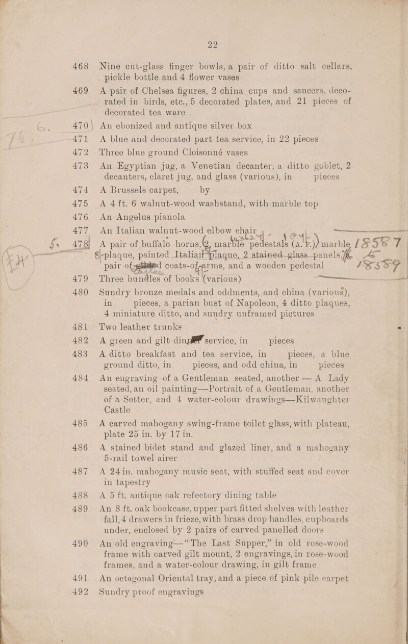 -_ 468 Nine cut-glass finger bowls,a pair of ditto salt cellars, pickle bottle and 4 flower vases 469 &lt;A pair of Chelsea figures, 2 china cups and saucers, deco- rated in birds, etc., 5 decorated plates, and 21 pieces of decorated tea ware 470\ An ebonized and antique silver box 471 &lt;A blue and decorated part tea service, in 22 pieces 472 Three blue ground Cloisonné vases 473 An Egyptian jug,a Venetian decanter, a ditto goblet, 2 decanters, claret jug, and glass (various), in pieces 474 A Brussels carpet, by 476 An Angelus pianola 477 An Italian walnut-wood elbow chair) ST 6-plaque, painted Italia plaque, 2 stained—glass panels, As  pair ols i coats-of-arms, and a wooden pedestal ISSEG 479 Three panies: of books (various) a 480 Sundry bronze medals and oddments, and china (various), in pieces, a parian bust of Napoleon, 4 ditto plaques, 4 miniature ditto, and sundry unframed pictures 481 Two leather trunks o 482 A green and gilt dink service, in pieces 483 A ditto breakfast and tea service, in pieces, a blue ground ditto, in pieces, and odd china, in pieces 484 Anengraving of a Gentleman seated, another — A Lady seated, an oil painting—Portrait of a Gentleman, another of a Setter, and 4 water-colour drawings—Kilwaughter Castle 485 A carved mahogany swing-frame toilet glass, with plateau, plate 25 in. by 17 in.  486 A stained bidet stand and glazed liner, and a mahogany 5-rail towel airer 487 &lt;A 24in. mahogany music seat, with stuffed seat and cover | in tapestry 488 A 5 ft. antique oak refectory dining table ‘ 489 An 8 ft. oak bookcase, upper part fitted shelves with leather fall,4 drawers in frieze, with brass drop handles, cupboards under, enclosed by 2 pairs of carved panelled doors 490 An old engraving—“ The Last Supper,’ in old rose-wood frame with carved gilt mount, 2 engravings, in rose-wood frames, and a water-colour drawing, in gilt frame 491 An octagonal Oriental tray, and a piece of pink pile carpet 492 Sundry proof engravings