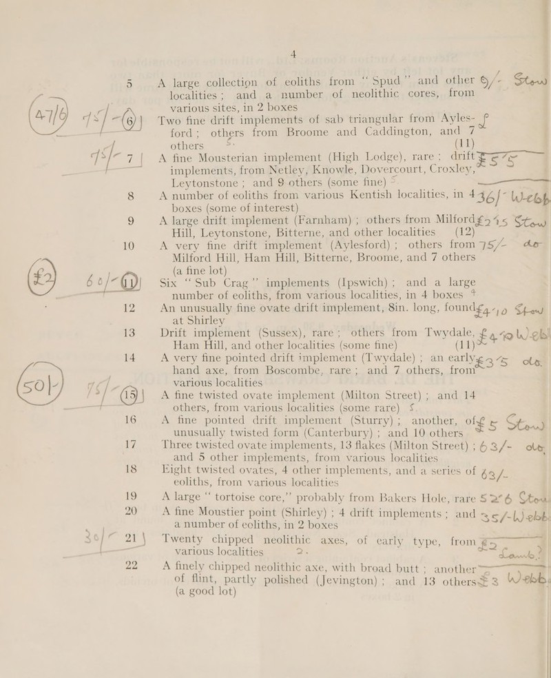 A large collection of eoliths from ” are and other 9 /- Steul localities; and a number of neolithic cores, from various sites, in 2 boxes Two fine drift implements of sab triangular from Ayles- f ford: others from Broome and Caddington, and 7 others = (11) A fine Mousterian implement (High Lodge), rare; drift tS implements, from Netley, Knowle, Dovercourt, Cross Leytonstone ; and 9 others (some fine) ~ lg a A number of eoliths from various Kentish localities, in 4 boxes (some of interest) 36] Webb A large drift implement (Farnham) ; others from Milfordfo%5 G¢..) Hill, Leytonstone, Bitterne, and other localities (12) A very fine drift implement (Aylesford) ; others from 75, /- hae Milford Hill, Ham Hill, Bitterne, Broome, and 7 others (a fine lot) Six “Sub Crag’? implements (Ipswich); and a large number of eoliths, from various localities, in 4 boxes + An unusually fine ovate drift implement, 8in. long, foundg, - 10 Shea at Shirley Drift implement (Sussex), rare; others from aot Ll Ham Hill, and other localities (some fine) a oa o Web A very fine pointed drift implement (Iwydale) ; an cir ‘=&gt; Ay hand axe, from Boscombe, rare; and 7 others, from i various localities A fine twisted ovate implement (Milton Street) ; and 14 others, from various localities (some rare) §. A fine pointed drift implement (Sturry); another, olf s St unusually twisted form (Canterbury) ; and 10 others “q Three twisted ovate implements, 13 flakes (Milton Street) ; 6 3/- oly and 5 other implements, from various localities Eight twisted ovates, 4 other implements, and a series of 63/- eoliths, from various localities A large “ tortoise core,” probably from Bakers Hole, rare 5 2°6 Gtew, A fine Moustier point (Shirley) ; 4 drift implements: and a number of eoliths, in 2 boxes 4 SS/-l) ebb: Twenty chipped neolithic axes, of early type, from #5 various localities 2.  A finely chipped neolithic axe, with broad butt &gt; another™&gt; of flint, partly polished (Jevington) : and 13 others 3 3 5 Webb, (a good lot) on  demo! y