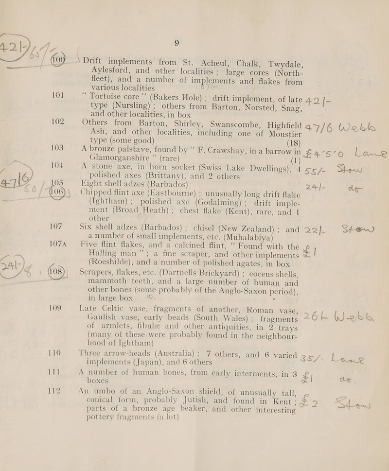 110 Dit 1}2 g Aylesford, and other localities : large cores (North- fleet), and a number of implements and flakes from various localities etna “ Tortoise core ’’ (Bakers Hole) ; drift implement, of late 4.9 [~ type (Nursling) ; others from Barton, Norsted, Snag, and other localities, in box Others from Barton, Shirley, Swanscombe, Highfield 47/6 U2 ble Ash, and other localities, including one of Moustier type (some good) (18) A bronze palstave, found by “ F. Crawshay, in a barrow in £4°5°O a Cn~_2S Glamorganshire ’’ (rare) 1 A stone axe, in horn socket (Swiss Lake Dwellings), 4 ec /- Stew polished axes (Brittany), and 2 others Eight shell adzes (Barbados) 24-/- Chipped flint axe (Eastbourne) ; unusually long drift flake (Ightham) ; polished axe (Godalming) ; drift imple- ment (Broad, Heath) ; chest flake (Kent), rare, and iN other Six shell adzes (Barbados) ; chisel (New Zealand) ; and 22}- S+-@x0 a number of small implements, etc. (Muhalabiya) Five flint flakes, and a calcined flint, ““ Found with the f | Halling man”; a fine scraper, and other implements (Roeshilde), and a number of polished agates, in box Scrapers, flakes, etc. (Dartnells Brickyard) ; eoceus shells, mammoth teeth, and a large number of human and other bones (some probably of the Anglo-Saxon period), in large box ©. : Late Celtic vase, fragments of another, Roman VASE) | = (J my Gaulish vase, early beads (South Wales); fragments ~0 &amp; ROS, of armlets, fibule and other antiquities, in 2 trays (many of these were probably found in the neighbour- hood of Ightham) Three arrow-heads (Australia) ; 7 others, and 6 varied 2 implements (Japan), and 6 others A number of human bones, from early interments, in 3 ¥ | An umbo of an Anglo-Saxon shield, of unusually tall, < conical form, probably Jutish, and found in Kent : + ae parts of a bronze age beaker, and other interesting pottery fragments (a lot) ay