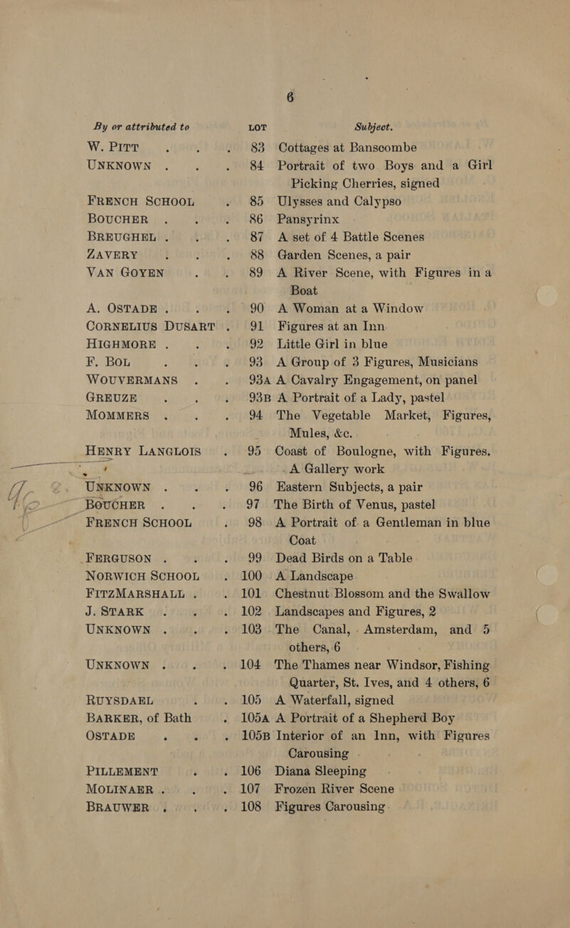 W. PITT UNKNOWN FRENCH SCHOOL BOUCHER BREUGHEL . ZAVERY VAN GOYEN A. OSTADE . CORNELIUS DUSART HIGHMORE . F. Bou WOUVERMANS GREUZE MOMMERS ? UNKNOWN FRENCH SCHOOL NORWICH SCHOOL FITZMARSHALL . J. STARK UNKNOWN UNKNOWN RUYSDAEL BARKER, of Bath OSTADE &amp;  PILLEMENT MOLINAER . BRAUWER , . 90 91 92 93 Cottages at Banscombe Portrait of two Boys and a Girl Picking Cherries, signed Ulysses and Calypso Pansyrinx A set of 4 Battle Scenes Garden Scenes, a pair A River Scene, with Figures ina Boat A Woman at a Window Figures at an Inn Little Girl in blue A Group of 3 Figures, Musicians 94. 4) 100 101 102 103 104 105 The Vegetable Mules, &amp;c. Coast of Boulogne, with Figures, A Gallery work Eastern Subjects, a pair The Birth of Venus, pastel A Portrait of. a Gentleman in blue Coat Dead Birds on a Table A Landscape Chestnut Blossom and the Swallow Landscapes and Figures, 2 The Canal, . Amsterdam, others, 6 The Thames near Windsor, Fishing Quarter, St. Ives, and 4 others, 6 A Waterfall, signed Market, Figures, and 5 106 107 Carousing Diana Sleeping Frozen River Scene Figures Carousing