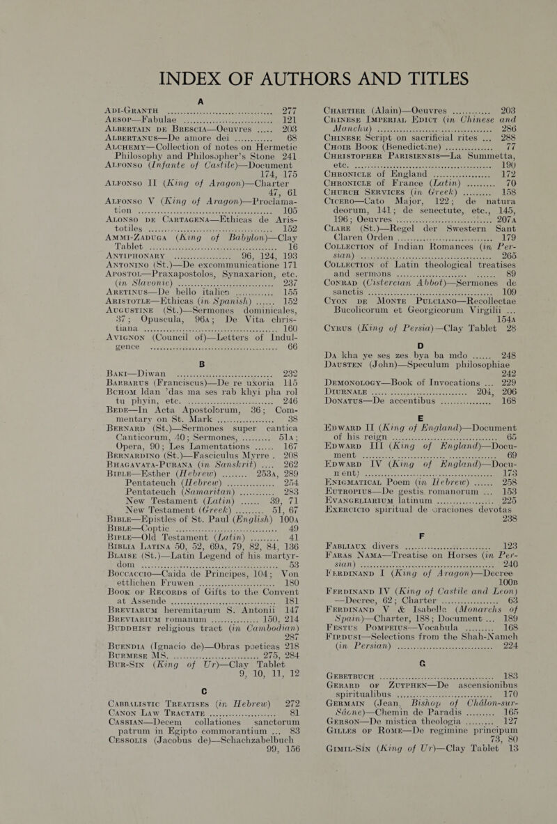 SA THUG IEAITESS [02 fpectaiens aot een o a eee eee Prey ATSOP==labul ace. .co.tons kee eee 121 ALBERTAIN DE BresctA—Oeuvres ..... 203 ALBERTANUS—De amore dei ............ 68 ALcHEMY—Collection of notes on Hermetic Philosophy and Philosopher’s Stone 241 Atronso (Infante of Castile)—Document 174, 175 ALFonso II (King of Aragon)—Charter 47, 61 ALFONSO V (King of Aragon)—Proclama- tron Fes ae seas chee ee eee 105 ALONSO DE CARTAGENA—Ethicas de Aris- totiles Area Raa ee 152 Ammi-Zapuca (Aing of Babylon)—Clay Tablets chs cea tensor 16 AUNT LPHONAR Vaueeteeeee pen ereeeee 96, 124, 193 ANTONINO (St.)—De excommunicatione 171 Apostot—Praxapostolos, Synaxarion, etc. (tm SIAVONUG)) Wacneee een een Del. Aretinus—De bello italics ..........:. 155 ARISTOTLE—Kthicas (in Spanish) ...... 152 AUGUSTINE (St.)—Sermones dominicales, 37; Opuscula, 964; De Vita chris- LIANIAK Kanseanbeere ee eR ee eee 160 Avignon (Council of)—Letters of Indul- POTICO. » | Nocksccgemhe sO ee eee Gua hee 66 B BAkI—=DiwanGieeerccsa ete ser senen nee 232 BarpBarus (Franciscus)—De re uxoria 115 Beno Idan ’das ma ses rab khyi pha rol   Tu PHY, RClC me Reese eee Paar 246 Bepve—In Acta Apostolorum, 386; Com- mentary cong Sb Vat ewe eee tree tes: 38 Bernarp (St.)—Sermones super cantica Canticorum, 40; Sermones, ......... 51a; Opera, 90; Les Lamentations ...... 167 BeRNARDINO (St.)—Fasciculus Myrre . 208 BHAGAVATA-PURANA (in Sanskrit) .... 262 BrsLe—Esther (Hebrew) ........ 2534, 289 Pentateuch (Hebrew) ............... 254 Pentateuch (Samaritan) ........... 283 New Testament (Latin) ...... 39, 71 New Testament (Greek) ......... OlAO BisteE—Kpistles of St. Paul (Hnglish) 1004 BIBLE-—-COptiGiw wn ccce eran aed eet nen BirLtE—Old Testament (Latin) ......... 41 BrsuiA Latina 50, 52, 694, 79, 82, 84, 1386 Buatse (St. }—Latin Legend of his martyr- OTIS 0 ie cee Be eer ae a do Boccaccio—Caida de Principes, 104; Von Cttlhichen, Hiruwenl eee eee 180 Boox or Recorps of Gifts to the Convent at sAssende.s./.: 20s ei aoe te ere 181 BREVIARUM heremitarum S. Antonii 147 BREVIARIUM romanum ..............- 150; 214 Buppetst religious tract (in Cambodian) 287 Buenpia (Ignacio de)—Obras poseticas 218 BURMESH sMS's.2s.ctep ee aee canoe 275, 284 Bur-Stx (King of Ur)—Clay Tablet OPO spelt Cc CABBALISTIC TREATISES (in Hebrew) 272 JANON WA Ww TRACPATE.\ iets ecs ene none 81 Cass1an—Decem collationes sanctorum patrum in Egipto commorantium ... 83 Cessoxtis (Jacobus de)—Schachzabelbuch 99, 156 CuHartigrR (Alain)—Oeuvres ............ 203 CHINESE IMPERTAL Wpicr (in Chinese and Moaiwehi) 0g. cor raecck ce epeee tae 286. CHINESE Script on sacrificial rites ... 288 CxHorr Book (Benedictine) ............... ah CHRISTOPHER PARISIENSIS—La Summetta, CUCL b accsdauset cess cf aenechuecet sate neEene 190 CHRONICER, of HEneland i.e nee 172 CHRONICLE of France (Latin) ......... 70 CHURCH SERVICES (in Greek) ......... 158 Cicrro—Cato Major, 122; de natura deorum, 141; de senectute, etc., 145, 19631 Oeuvres) yivcco. so. cate seea sees reese 2074 CLARE (St.)—Regel der Swestern Sant Claren: Orden. © aches cee eee eens 179 CouLection of Indian Romances (im Per- SOUT) iss, arin eae aw eicadomadestne eeekaeetee 265 CotLection of Latin theological treatises ANCAMSCRINONSS ace cesesee eee eee eee 89 Corrap (Cistercian Abbot)—Sermones de SANGUIST Rae osc neice oee ot coe Cone eeee 109 Cron pe Monte Pvuxiciano—Recollectae Bucolicorum et Georgicorum Virgilii ... 154a Cyrus (King of Persia)—Clay Tablet 28 D Da kha ye ses zes bya ba mado ...... 248 Davsten (John)—Speculum philosophiae 242 DremMonoLtocy—Book of Invocations ... 229 DYORNADE % 3x... .5¢gF woatiaae ener 204, 206 Donatus—De accentibus ................ 168 E Kvwarp IT (King of England)—Document OLgishrel gn Bawa. -2 a8. ee eee eee 65 Epwarp III (King of Hngland)—Docu- INGOTS 25 Sines tas ese neti a eee aceon eat eees 69 Epwarp IV (King of England)—Docu- TC CTL) ore ic soot on eR eee 173 Extgmarican Poem (in Lie brew). rer 258 Evutrroprus—De gestis romanorum ... 153 Evancentartum latinum ............0..-.. 225 Exercicto spiritual de sraciones devotas 238 F FABLIAUX SdIVerS:(, 2 sites pcoe hee 123 Faras NamMAa—Treatise on Horses (in Per- SUD) Pe enaeles acco ae nee eee 240, FERDINAND I (King of Aragon)—Decree 1008 FerDINAND IV (King of Castile and Leon) —Decree, 62; Charter: .................. 63. Ferpinanp V &amp; Isabella (Monarchs of Spain)—Charter, 188; Document... 189 Festus Pompretus—Vocabula ......... 168 Frrpust—Selections from the Shah-Nameh (tn © Persuay Pot aetna tect ene 224 G GEBETBU GH i asec cose teeta eet eee 183. GERARD oF ZuTPHEN—De_ ascensionibus Spitibma lips meme ace aeeen ates at eeeee 170 GERMAIN (Jean, Bishop of Chéalon-sur- Sdcne)—Chemin de Paradis ......... 165 GrErson—De mistica theologia ......... 127 GILLES oF RomeE—De regimine principum 73, 80 GimIL-Sin (King of Ur)—Clay Tablet 18