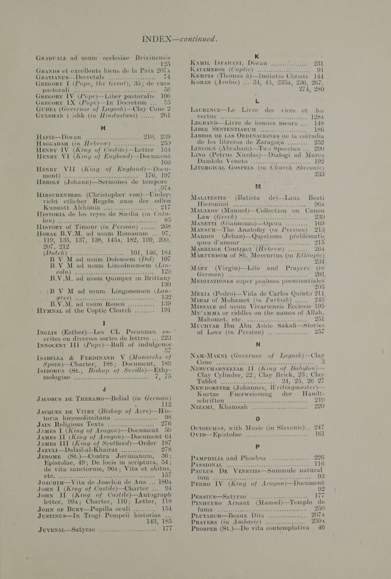 GRADUALE ad usum ecelesiae- Brixinensis 125 GRANDS et excelente biens de la Paix 207A Grarianus—Decretals .......2.../... aaeeer 74 Gregory | (Pope, the Great),-35; de cura FULUSCCGAPET WS sees cern a ALAR ier ti 56 Grecory LV (Pepe)—hiber pastoralis 106 Grecory IX (Poepe)-—In Decretum ... 55 GuDEA (Governor of Lagash)—Clay Cone 2 GuLsSHAN 1 oshk (in EHindustant) ...... 261 H Sn Ze=— LEW Tie deen ustinioclosusenes ZO 239 ETAGGADAH, (Me LCUT CW) aceececseare ether 25)  Henry IV (King of Castile)—Letter 164 Henry VI (King of Eng lund)—Document 166 Henry VIL (hing of Hngland)—Docu- TNC ge ace exe Mee eae ne GaSe Wo, ISN HeERoLY (Johann)—Sermones de tempore (DTA HirscuenserG (Christopher von)-—Undey; vicht etlicher Regein auss der edlen TCunmnstten Iohintia, spe eo eae 217 Hisrorta de los reyes de Sicilia (in Calu- CTD) ti ake Ae Sache Sec ena eo oso atcn aston seme 85 History of 'Timour (in Persian) ....., 268 Horart B.V.M. ad usum Romanum ... 97, 119, 135, 137, 138, 1454, 182,199, 200, 207, 212 DEG CTh Weare See hn cease 101, 146, 184 B V M ad usum Doilensem (Dol) 107 B V M ad usum Lincolniensem (Lin- COUN) Sea acmnee cee ees aiken ace nn 129 B.V.M,. ad usum Quimper in Brittany 130 ‘BV M ad usum Lingonensen (Lan- GT OSI MR rey ere cts ctirercctets tania oie olan 32: B.V.M. ad usum Rouen ............ 139 Hymna of the Coptic Church ......... 191 1 Incris (Esther)-—Les CL Pseaumes es- crites en diverses sortes de lettres ... 223 Innocent Ili (Pope)—Bull of indulgence mi vi IsaBettA &amp; Ferpinanp V (Monarchs of Spain)—Charter, 188; Document, 189   Istporus (St., Bishop of Seville) Wthy- TaK OY CONOUIEVE nec, snenoonanmmeneeaccotson usc 7, 79 d Jacosus pr THERAMOo—Belial (in German) 112 JACQUES DE VITRY toria hierosolimitana ............0...... 98 Apway UR Shteaeris) UReeais) oon Guonpedctcondenes 276 James | (King of Aragon)—Document 59 Jamus II (King of Aragon)—Document 64 James IIL (King of Scotland)—Order 187 JAzoor—-Walanl=q l= Kiva a teessesmes acts 278 JEROME (St.)—Oontra Jovinianum, 365 Kpistolae, 49; De locis in scriptura, 54: de vita sanctorum, 964; Vita et obitus, Ate cates fat nee oy CaAaise etisoce cee Re 157 JoacHimM—Vita de Joachin de Ana ... 1804 Joun I (King of Castile)—Charter ... 94 Joun IL (King of Castile)—Autograph letter, 994; Charter, 110; Letter, 118 JOHN OF eS Era eae Sinners 154 Justinus—In Trogi Pompeii historias ... 148, 185 JUVHNAT == SabyTae co css. cnews stamens saan 177 K 3 Kamit, ISFAHANI, Diwan -::::.:.. ee aetbe 231 IX ATAMEROS (CU optic) Sacto nee ROO eS 91 KKempis (Thomas a)—!mitatio Christi’ 144 Woran (Arabic) <1. 84, 44,-235a, 236, et O74, L Laurencr—lLe Livre des vices et des  WASTES) wpcccrtcagoh Jo ea aRe ae ere eee 1284 Legranp—lLivre de bonnes meurs .,, 148 LIBER SENTENTIARUM ..........-.,ee000008 186 Lisros Dm LAS ORDINACIONES de la colradia de los libreros de Zaragoea ......... 252 Lincotn (Abraham)—Two Speeches .., 290 Lino (Petrus Nicolas)-—Dialogi ad Marco ND) curv che om, Vie ObOlen tess r ccs cs ste othe oe 192 LiturGicaL Gosrets (uv Church Slavonic) 233 Mi z Maratestis~ (Batista de)—Laus Beati (EUPG ROTI eaten ene ed eet e a SGA Manaxos’ (Manuel)—Collection on’ Canon DAV ORI) ar naa sf oarads ca scents ets oe 230 Manertrt (Giannozzo)—OUpera .......... 169 Mansur—The Anatofiy (in Persian) 213 Marion (Jehan)—Questions problémati- RL LPO eC TAMEOREI OS pea rate, Sone hese oie Be 215 Marrrace Contract (ebrew) ......... 264 M: ARTYRDOM of St, Mereurius Cun Lthiopre) 234 Mary (Firein) Life and Prayers > (i (CCLLBOWDY. pavthhop Aare ROBE CEEOL ae AON MeprraTIONEs super psalmos postions 205 Mxta (Pedro)—Vida de'Carlos Quinto 211, Mirias of Mohamet (in Purkish)....... 249 MISsALE ad usum Vivariensis Hcciesie 195 Mv’amoa or riddles on the names of Allah, MVinitOme Ge ebGe suacitorahemcentee eset 201 MtcHrrar Ibn Abu Aside Sakafi—Stories Ole Omen (Ue Le CTSLOTE) Wen caeeecthe ovasie 257 N NamM-Makni (Governor of Lagash)—Clay COT Cay Prete ese oat co Gabe sews esas 3 NEBUCHADNEZZAR iL (tng of Babylonj— Clay Cylinder, 22; Clay Brick, 23; Clay Mab letweecemee esens cscs ees: 2A, 95, 26 27 Nevwporrrer (Johannes, W ritingmaster = Kurtze Kuerweissung der Handt- SON TAPININ ESI cescetete ihc in aeRO OEM Car OE CGar 219 INEZ SM Yrs KAS Ae Ceo gdantitccc tw tetnas 220 0 OcrorcHas, with Music (in Slavonic)... 247 Ghat — 1 Men siiellANe) Gop caemncnepnonnecassodboace 161 P IPANEPEIMUMAMA IOs POSS vcnchiies. asedetes 226 LENS STON AD Mtr te ae Garde cee rooney, ake ae 116 Pautus Dr Venpris—Summule natural UKTI ere eee ee te eRe... char mans nleamutiegels 93 Pepro IV (King of Arayon)—Document 9? IPBRSTOS=— SALVE AC) vacoe sae vetenes cece cise Aen 177 Pinuryro Arnaut (Manoel)—Templo de TIERONE <n An eRe rotons aoc ceio ae eens nee 250 PromarGn——beaux Dit \ cesses dene QO7A PRAYERS (17 AMRQATIC) ...:.0-cceseee0e0- 2594 Prosper (St.)—De vita contemplativa 46