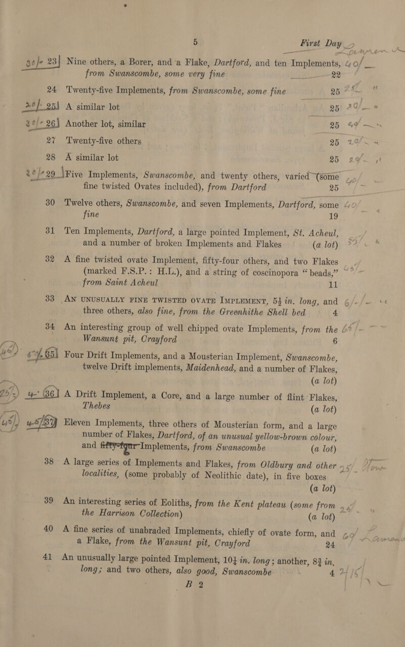 — a4 Je 23| Nine others, a Borer, and a Flake, Dartford, and ten Implements, &amp; of _ from Swanscombe, some very fine wy 22 24 ‘Twenty-five Implements, from Swanscombe, some fine 5 . | 29). 25) A similar lot Wh bE a Ye g 1 0/* 26) Another lot, similar 25 69 ~~ 27 Twenty-five others 25 , 28 A similar lot 25 < c/-29 \Five Implements, Swanscombe, and twenty others, varied “(some fine twisted Ovates included), from Dartford 25 30 ‘Twelve others, Swanscombe, and seven Implements, Dartford, some “ fine Ve 31 Ten Implements, Dartford, a large pointed Implement, St. Acheul, and a number of broken Implements and Flakes (a lot) 32 A fine twisted ovate Implement, fifty-four others, and two Flakes 4 (marked F.S.P.: H.L.), and a string of coscinopora “beads,” ~~ from Saint Acheul 11 33 AN UNUSUALLY FINE TWISTED OVATE IMPLEMENT, 5} in. long, and ¢/. three others, also fine, from the Greenhithe Shell bed 4 34 An interesting group of well chipped ovate Implements, from the ¢ 4 Wansunt pit, Crayford 6 a eA 6 4.85) Four Drift Implements, and a Mousterian Implement, Swanscombe, twelve Drift implements, Maidenhead, and a number of Flakes, a (a lot) 25/-) 4 G6] A Dritt Implement, a Core, and a large number of flint Flakes, Thebes (a lot) uo) ny) Y Eleven Implements, three others of Mousterian form, and a large a number of Flakes, Dartford, of an unusual yellow-brown colour, and afty-tgor Implements, from Swanscombe (a lot) 38 A large series of Implements and Flakes, from Oldbury and other » » localities, (some probably of Neolithic date), in five boxes ~ (a lot) 39 An interesting series of Eoliths, from the Kent plateau (some from. ., , the Harrison Collection) (a lot) 40 A fine series of unabraded Implements, chiefly of ovate form, and +. a Flake, from the Wansunt pit, Crayford 24 41 An unusually large pointed Implement, 104 in. long ; another, 83 in, long; and two others, also good, Swanscombe. ; 42/5 Be