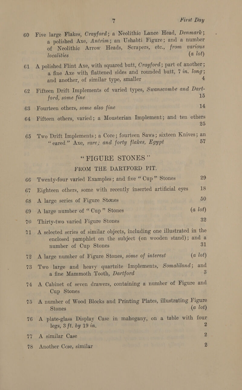 60 61 62 63 64 65 3 or 76 V7 14 First Day Five large Flakes, Crayford; a Neolithic Lance Head, Denmark ; a polished Axe, Antrim; an Ushabti Figure; and a number of Neolithic Arrow Heads, Scrapers, ete., from various localities (a lot) A polished Flint Axe, with squared butt, Crayford; part of another ; a fine Axe with flattened sides and rounded butt, 7 im. long; and another, of similar type, smaller 4 Fifteen Drift Implements of varied types, Swanscombe and Dart- ford, some fine 15 Fourteen others, some also fine 14 Fifteen others, varied; a Mousterian Implement; and ten others 25 Two Drift Implements; a Core; fourteen Saws; sixteen Knives; an “eared” Axe, rare; and forty flakes, Egypt 57 “FIGURE STONES” FROM THE DARTFORD PIT. Twenty-four varied Examples; and five “ Cup” Stones 29 Highteen others, some with recently inserted artificial eyes 18 A large series of Figure Stones 50 A large number of “ Cup” Stones (a lot) Thirty-two varied Figure Stones 32 A selected series of similar objects, including one illustrated in the enclosed pamphlet on the subject (on wooden stand); and a number of Cup Stones 31 A large number of Figure Stones, some of interest (a lot) Two large and heavy quartzite Implements, Somaliland; and a fine Mammoth Tooth, Dartford 3 A Cabinet of seven drawers, containing a number of Figure and Cup Stones A number of Wood Blocks and Printing Plates, illustrating Figure Stones (a lot) A plate-glass Display Case in mahogany, on a table with four legs, 3 ft. by 19 in. 2 A similar Case 2