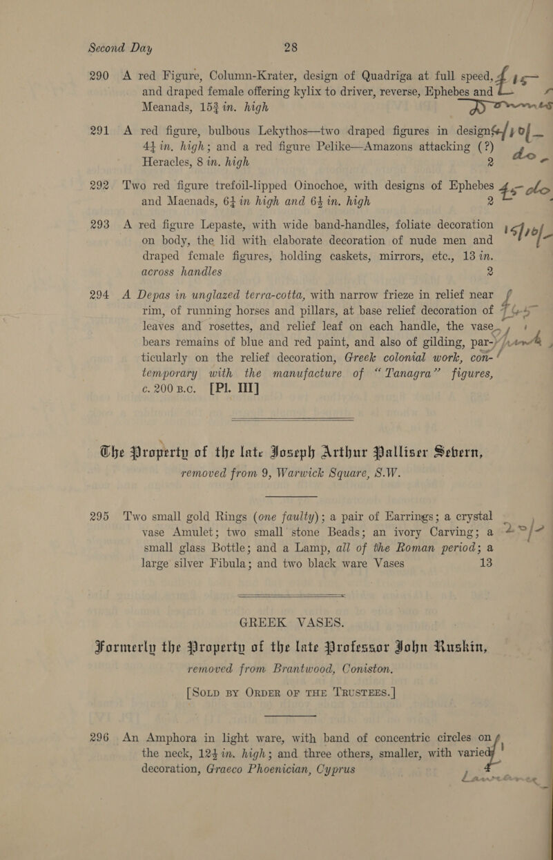 290 A red Figure, Column-Krater, design of Quadriga at full speed, fi ae | and draped female offering kylix to driver, reverse, Ephebes and f Meanads, 152 in. high ty ones 291 A red figure, bulbous Lekythos—two draped figures in designts/ j of — 44 in. high; and a red figure Pelike—Amazons attacking (?) da Heracles, 8 in. high 2 Oa 292 Two red figure trefoil-lipped Oinochoe, with designs of Ephebes 45 oto and Maenads, 641n high and 64 in. high 2 , 293 A red figure Lepaste, with wide band-handles, foliate decoration , 6] b on body, the lid with elaborate decoration of nude men and / “ draped female figures, holding caskets, mirrors, etc., 138 in. across handles 2 294 A Depas in unglazed terra-cotta, with narrow frieze in relief near / rim, of running horses and pillars, at base relief decoration of F bys leaves and rosettes, and relief leaf on each handle, the vase. ’ bears remains of blue and red paint, and also of gilding, par-) (; svt ’ ticularly on the relief decoration, Greek colonial work, con-‘ temporary with the manufacture of “Tanagra”’ figures, c.2008.c. [PL IT]   Ghe Property of the late Joseph Arthur Palliser Severn, removed from 9, Warwick Square, S.W. 295 Two small gold Rings (one faulty); a pair of Earrings; a crystal vase Amulet; two small stone Beads; an ivory Carving; a © / nf small glass Bottle; and a Lamp, all of the Roman period; a large silver Fibula; and two black ware Vases 13  =  GREEK: VASES. Formerly the Property of the late Professor Jon Ruskin, removed from Brantwood, Coniston. [SoLtp BY ORDER OF THE ‘TRUSTEES. | 296 An Amphora in light ware, with band of concentric circles on / the neck, 124%. high; and three others, smaller, with viel decoration, Graeco Phoenician, Cyprus je