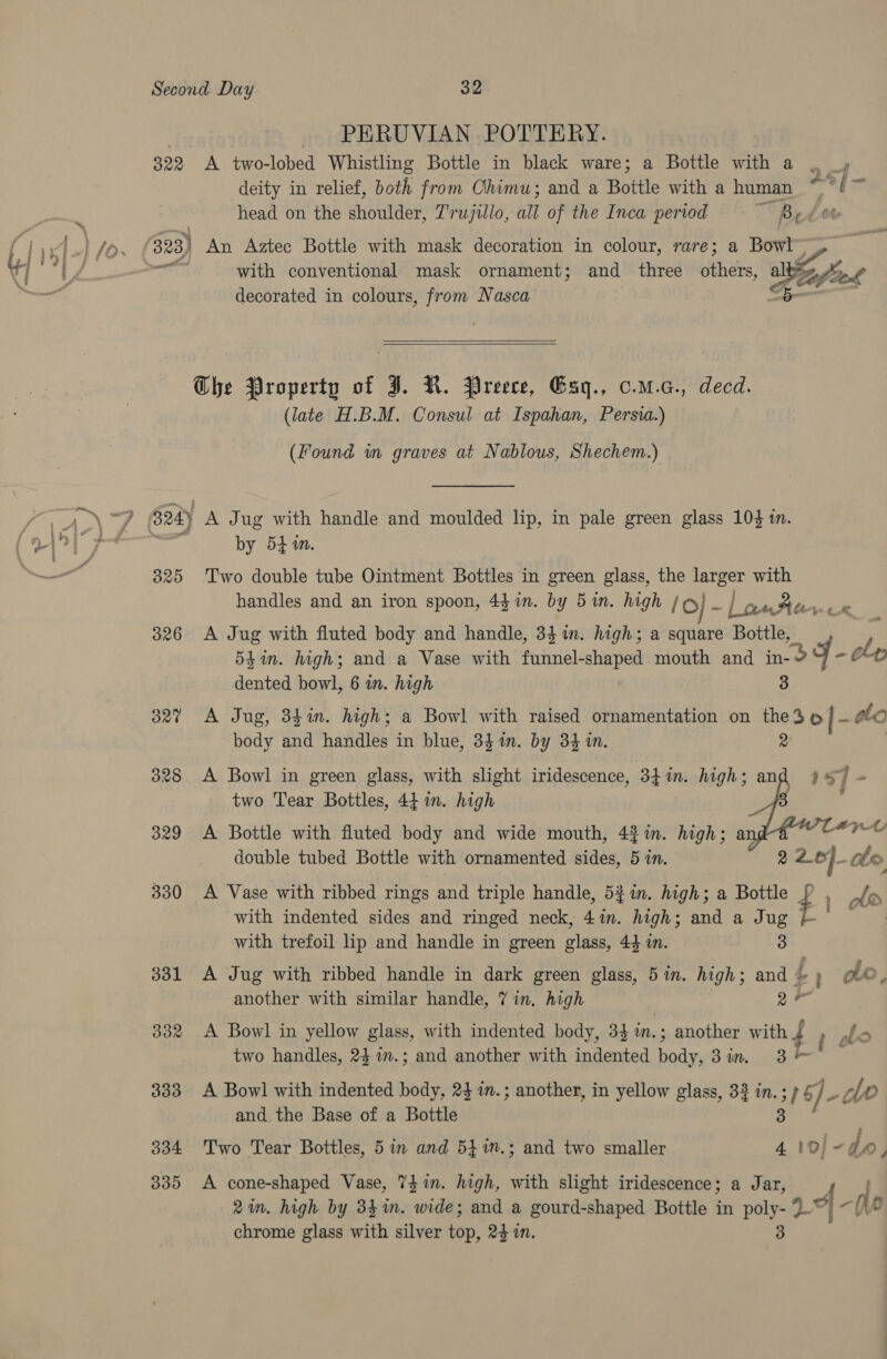 . PERUVIAN POTTERY. | 822 A two-lobed Whistling Bottle in black ware; a Bottle with a , head on the shoulder, Trujillo, all of the Inca period ~~ Bed te 323) An Aztec Bottle with mask decoration in colour, rare; a Bowl” mail with conventional mask ornament; and three others, o4 ay Cafiok decorated in colours, from Nasca Che Property of I. R. Preece, Esq., c.m.a., decd. (late H.B.M. Consul at Ispahan, Persia.) (Found wm graves at Nablous, Shechem.) 324) A Jug with handle and moulded lip, in pale green glass 104 tn. ! by 5h in. 825 Two double tube Ointment Bottles in green glass, the larger with handles and an iron spoon, 44 in. by 5in. high /¢) _ ~lLo aAeer. 326 A Jug with fluted body and handle, 34 in. high; a square Bottle,   dented bowl, 6 in. high 3 327 A Jug, 34in. high; a Bowl with raised ornamentation on the36 |- abo body and handles in blue, 3$1n. by 34 in. 2 328 A Bowl in green glass, with slight iridescence, 3}in. high; and j $7 two Tear Bottles, 44 in. high j 329 A Bottle with fluted body and wide mouth, 42 in. high; a shige: double tubed Bottle with ornamented sides, 5 in. 2 26]- ole 330 &lt;A Vase with ribbed rings and triple handle, 52 in. high; a Bottle 2 with indented sides and ringed neck, ay high; and a te with trefoil lip and handle in green glass; 44 in. 331 A Jug with ribbed handle in dark green glass, 5in. high; and 4 a | go, another with similar handle, 7 in, high ae 332 A Bowl in yellow glass, with indented body, 3$%n.; another with { f abd two handles, 24 am.; and another with indented ads 3in, BR 333 A Bowl with indented body, 24 in. ; another, in yellow glass, 33 in. ; / 6] im clo and the Base of a Bottle 3 : } 334 Two Tear Bottles, 5 in and 541.3 and two smaller 4 10/-da, 335 A cone-shaped Vase, 74 in. high, with slight iridescence; a Jar, 2in. high by 34%. wide; and a gourd-shaped Bottle in poly- 2 J chrome glass with silver top, 24 in. 3 ho ” oi Ao