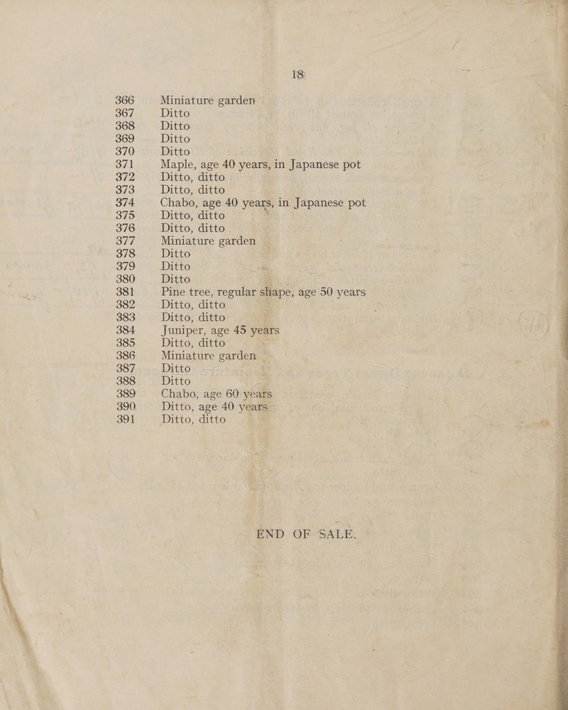 366 367 368 369 371 372 374 375 376 377 378 379 380 381 382 383 384 385 386 387 388 389 390) 391 18: Miniature garden Ditto Ditto Ditto Ditto Maple, age 40 years, in Japanese pot Ditto, ditto — Ditto, ditto Chabo, age 40 years, in Japanese ae Ditto, ditto Ditto, ditto Miniature garden a Ditto Ditto Ditto Pine tree, regular shape, age 30 years Ditto, ditto ; Ditto, ditto Juniper, age 45 years Ditto, ditto Miniature garden Ditto Ditto ' Chabo, age 60 years Ditto, age 40 years Ditto, ditto END OF ‘SALE. ica Te Sf a Pe ee a ee kh ge é i, i Lely ih ihc op ar ees  