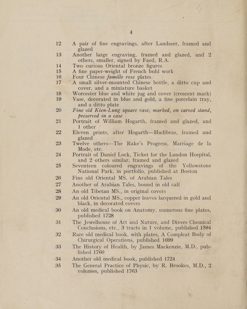A pair of fine engravings, after Landseer, framed and glazed Another large engraving, framed and glazed, and 2 others, smaller, signed by Faed, R.A. Two curious Oriental bronze figures A fine paper-weight of French buhl work Four Chinese famille rose plates cover, and a miniature basket Worcester blue and white jug and cover (crescent mark) Vase, decorated in blue and gold, a fine porcelain tray, and a ditto plate Fine old Kien-Lung square vase, marked, on carved stand, preserved in a case Portrait of William Hogarth, framed and glazed, and b other.’ Eleven prints, after prog es Hs aA PES) framed and glazed Twelve others—The Rake’s Progress, Marriage de la Mode, etc. Portrait of Daniel Lock, Ticket for the London Hospital, and 2 others similar, framed and glazed : Seventeen coloured engravings of the Yellowstone National Park, in portfolio, published at Boston Fine old Oriental MS. of Arabian Tales Another of Arabian Tales, bound in old calf An old Tibetan MS., in original covers An old Oriental MS., copper leaves lacquered in gold and black, in decorated covers An old medical book on Anatomy, numerous fine plates, published 1728 The Jewelhouse of Art and Nature, and Divers Chemical Conclusions, etc., 3 tracts in 1 volume, published 1594 Chirurgical Operations, published 1699 The History of Health, by James Mackenzie, M. D. » pub- lished 1760 Another old medical book, published 1724 The General Practice of Physic, by R. Brookes, M.D., 2 volumes, published 1763
