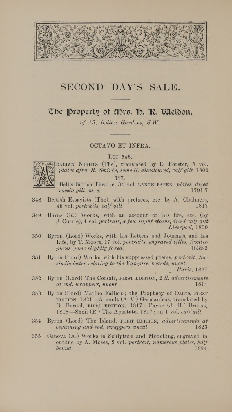  Che Property of Ars. bh. KR. Weldon, of 15, Bolton Gardens, S.W. OCTAVO ET INFRA. Lor 346. RABIAN Nicuts (The), translated by E. Forster, 5 vol. plates after R. Smirke, some ll. discoloured, calf gilt 1802  347. Bell’s British Theatre, 34 vol. LARGE PAPER, plates, diced russia gilt, m. e. 1791-7 348 British Essayists (The), with prefaces, etc. by A. Chalmers, 45 vol. portraits, calf gilt 1817 349 Burns (R.) Works, with an account of his life, etc. (by J. Currie), 4 vol. portrait, a few slight stains, diced calf gilt Liverpool, 1800 350 Byron (Lord) Works, with his Letters and Journals, and his Life, by T. Moore, 17 vol. portraits, engraved titles, frontis- pieces (some slightly foxed) 1832-3 351 Byron (Lord) Works, with his suppressed poems, portrait, fac- simile letter relating to the Vampire, boards, uncut Paris, 1827 352 Byron (Lord) 'The Corsair, FIRST EDITION, 2 Ul. advertisements at end, wrappers, uncut 1814 353 Byron (Lord) Marino Faliero; the Prophecy of Dante, FIRST EDITION, 1821—Arnault (A. V.) Germanicus, translated by G. Bernel, FIRST EDITION, 1817—Payne (J. H.) Brutus, 1818—Sheil (R.) The Apostate, 1817; in 1 vol. calf gilt 354 Byron (Lord) The Island, FIRST EDITION, advertisements at beginning and end, wrappers, uncut 1823 355 Canova (A.) Works in Sculpture and Modelling, engraved in outline by A. Moses, 2 vol. portrait, numerous plates, half bound 1824