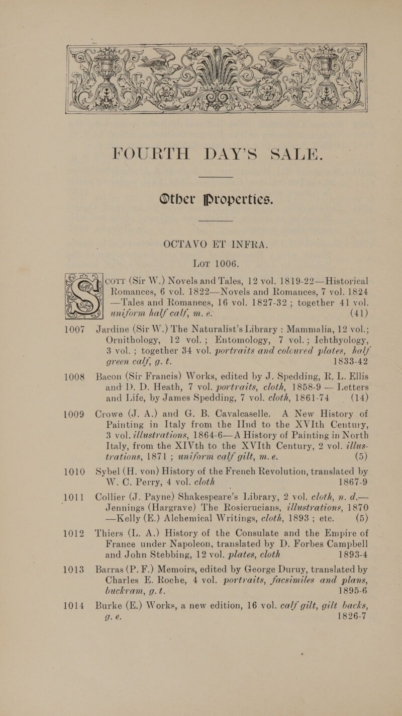         Other Propertics. OCTAVO ET INFRA. Lor 1006. CASA corr (Sir W.) Novels and Tales, 12 vol. 1819-22—Historical Romances, 6 vol. 1822-—Novels and Romances, 7 vol. 1824 —Tales and Romances, 16 vol. 1827-32 ; together 41 vol. Z)| uniform half calf, m. e. (41) 1007 Jardine (Sir W.) The Naturalist’s Library : Mammalia, 12 vol.; Ornithology, 12 vol.; Entomology, 7 vol.; Ichthyology, 3 vol. ; together 34 vol. portraits and colcured plates, half green calf, g. t. 1833-42 1008 Bacon (Sir Francis) Works, edited by J. Spedding, R. L. Ellis and D. D. Heath, 7 vol. portraits, cloth, 1858-9 — Letters and Life, by James Spedding, 7 vol. cloth, 1861-74 (14) 1009 Crowe (J. A.) and G. B. Cavalcaselle. A New History of Painting in Italy from the IInd to the XVIth Century, 3 vol. edlustrations, 1864-6——A History of Painting in North Italy, from the XI Vth to the XVIth Century, 2 vol. cllus- trations, 1871; uniform calf gilt, m. e. (5) 1010 Sybel (H. von) History of the French Revolution, translated by W. C. Perry, 4 vol. cloth \— 1867-9 1011 Collier (J. Payne) Shakespeare’s Library, 2 vol. cloth, n. d.— Jennings (Hargrave) The Rosicrucians, illustrations, 1870 —Kelly (E.) Alchemical Writings, cloth, 1893 ; ete. (5) 1012 Thiers (L. A.) History of the Consulate and the Empire of France under Napoleon, translated by D. Forbes Campbell and John Stebbing, 12 vol. plates, cloth 1893-4 1013 Barras (P.F.) Memoirs, edited by George Duruy, translated by Charles E. Roche, 4 vol. portraits, facsimiles and plans, buckram, g. t. 1895-6 1014 Burke (E.) Works, a new edition, 16 vol. ca// gilt, gilt backs, g. @. 1826-7