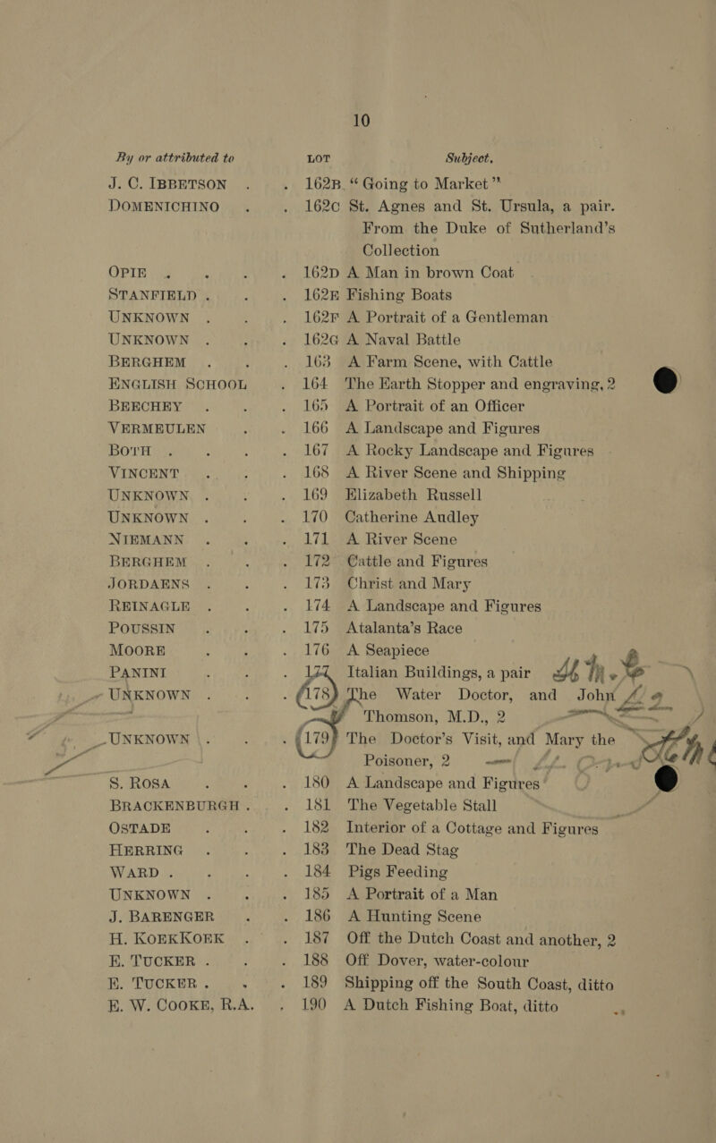 J. C. IBBETSON DOMENICHINO OPIE . STANFIELD . UNKNOWN UNKNOWN BERGHEM 5 ENGLISH SCHOOL BEECHEY VERMEULEN Bova VINCENT UNKNOWN UNKNOWN NIEMANN BERGHEM JORDAENS REINAGLE POUSSIN MOORE PANINI - UNKNOWN _. UNKNOWN S. ROSA BRACKENBURGH OSTADE HERRING WARD . UNKNOWN J. BARENGER H. KOEKKOEK E. TUCKER . BE. TUCKER . ‘ 10 162B. * Going to Market ” 162c St. Agnes and St. Ursula, a pair. From the Duke of Sutherland’s Collection 162D A Man in brown Coat. 162K Fishing Boats 162F A Portrait of a Gentleman: 162G A Naval Battle 163 <A Farm Scene, with Cattle 164 The Earth Stopper and engraving, 2 @ 165 <A Portrait of an Officer 166 A Landscape and Figures 167 A Rocky Landscape and Figures 168 A River Scene and Shipping 169 Klizabeth Russell 170 Catherine Audley 171 <A River Scene 172 ~Cattle and Figures 173 Christ and Mary 174 A Landscape and Figures 175 Atalanta’s Race 176 A Seapiece  [he Water Doctor, and itt £: 2. Thomson, M.D., 2 som 180 A Landscape and Riper’ 181 The Vegetable Stall 182 Interior of a Cottage and Figures 183 The Dead Stag 184 Pigs Feeding 185 <A Portrait of a Man 186 A Hunting Scene 187 Off the Dutch Coast and another, 2 188 Off Dover, water-colour 189 Shipping off the South Coast, ditto 190 A Dutch Fishing Boat, ditto -t