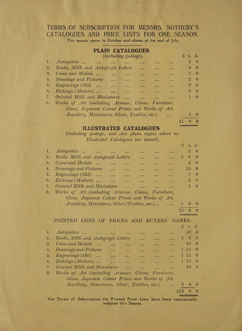 NOP ON es) Go tS = RS goa we The season opens in October and closes at the end of July. PLAIN CATALOGUES    (including i Een Os Antiquities ... a sign Les Books, MSS. and eravh FP ctiers Sey Coins and Medals ... ey ie LG Drawings and Pictures zien Engravings (Old) 2 0 Etchings (Modern) .. BE 2 0 Oriental MSS. and Dice tee By Ve 16:0 Works of Art (including Armour, China, Lurniture, Glass, Japanese Colour Prints and Works. of Art, Jewellery, Miniatures, Silver, Textiles, etc.) ae 50 SPO ILLUSTRATED CATALOGUES (including postage, and also plain copies where no Tilustrated Catalogues are issued). Blin SEO Sn Antiquities ... aes Xe ans 5 0 Books MSS. and Wiuerane Tales sok ee ce teal Coins and Medals ... oy nyt els ve Bat ae Drawings and Pictures ©... ae ve ee * 15\-0 Engravings (Old) : ee is aa ee ae Etchings (Modern) ... sae eis Ne ty an 2G Oriental MSS. and Miniatures _... oo rt Bn NE Works of &lt;Art (including Armour, China, Furniture, Glass, Japanese Colour Prints and Works of &lt;Art, Jewellery, Miniatures, Silver, “Teatiles, etc.)... Wert id no) ano £5 4 OleO PRINTED LISTS OF PRICES AND BUYERS’ NAMES. Sooo ae Antiquities ... | wes see een 10 0 Books, MSS. and Auinstaen Tee is fe touk agen, 7) Coins and Medals ... oe ip Rapa 2 bed 10 0 Drawings and Pictures ris 1 C. a8 a) LD ty 40 Engravings (Old)... a oe oe ep ek OSE OO SS Etchings (Modern) . ne ies Sate RAP OA Ue beat Ben 6 Oriental MSS. and Miniaenes vi ee So me yhOu eA Works of Art (including Armour, China, Furniture, Glass, Japanese Colour Prints and Works of «Art, Jewellery, Miniatures, Silver, Textiles, etc.) ves Uae a An £15 0 0 reduced this Season.