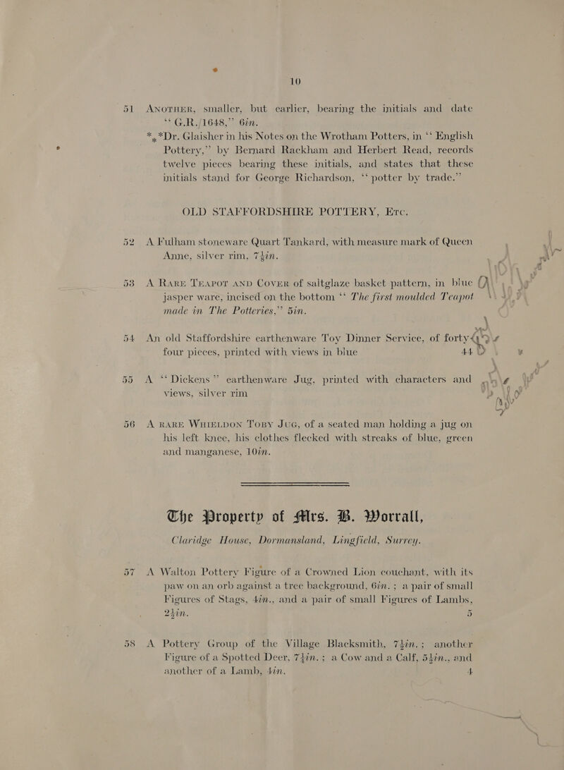 51 AwnotTuER, smaller, but earlier, bearing the initials and date ** G.R./1648,” Gan. *.*Dr. Glaisher in his Notes on the Wrotham Potters, in ‘‘ English Pottery,” by Bernard Rackham and Herbert Read, records twelve pieces bearing these initials, and states that these initials stand for George Richardson, ‘‘ potter by trade.” OLD STAFFORDSHIRE POTTERY, Etc. 52 A Fulham stoneware Quart Tankard, with measure mark of Queen Anne, silver 1m.,«7 411. 53) A Rare Teapot AND Cover of saltglaze basket pattern, in bluc fp 5 cf} jasper ware, incised on the bottom * The first moulded Teapot‘ made in The Potteries,” 5in. 54 An old Staffordshire earthenware Toy Dinner Service, of potty GN f four pieces, printed with, views in blue 4A 55 A ‘* Dickens” earthenware Jug, printed with characters and , views, silver rim 56 A RARE WutELDON Tosy JuG, of a seated man holding a jug on his left knee, his clothes flecked with streaks of blue, green and manganese, 107. The Property of Mrs. BH. Worrall, Claridge House, Dormansland, Lingfield, Surrey. 57 A Walton Pottery Figure of a Crowned Lion couchant, with its paw on an orb against a tree background, 6in.; a pair of small Figures of Stags, 4¢n., and a pair of small Figures of Lambs, 240n. 5 58 <A Pottery Group of the Village Blacksmith, 74in.; another Figure of a Spotted Deer, 74in.; a Cow and a Calf, 54in., and another of a Lamb, 47n. 4.