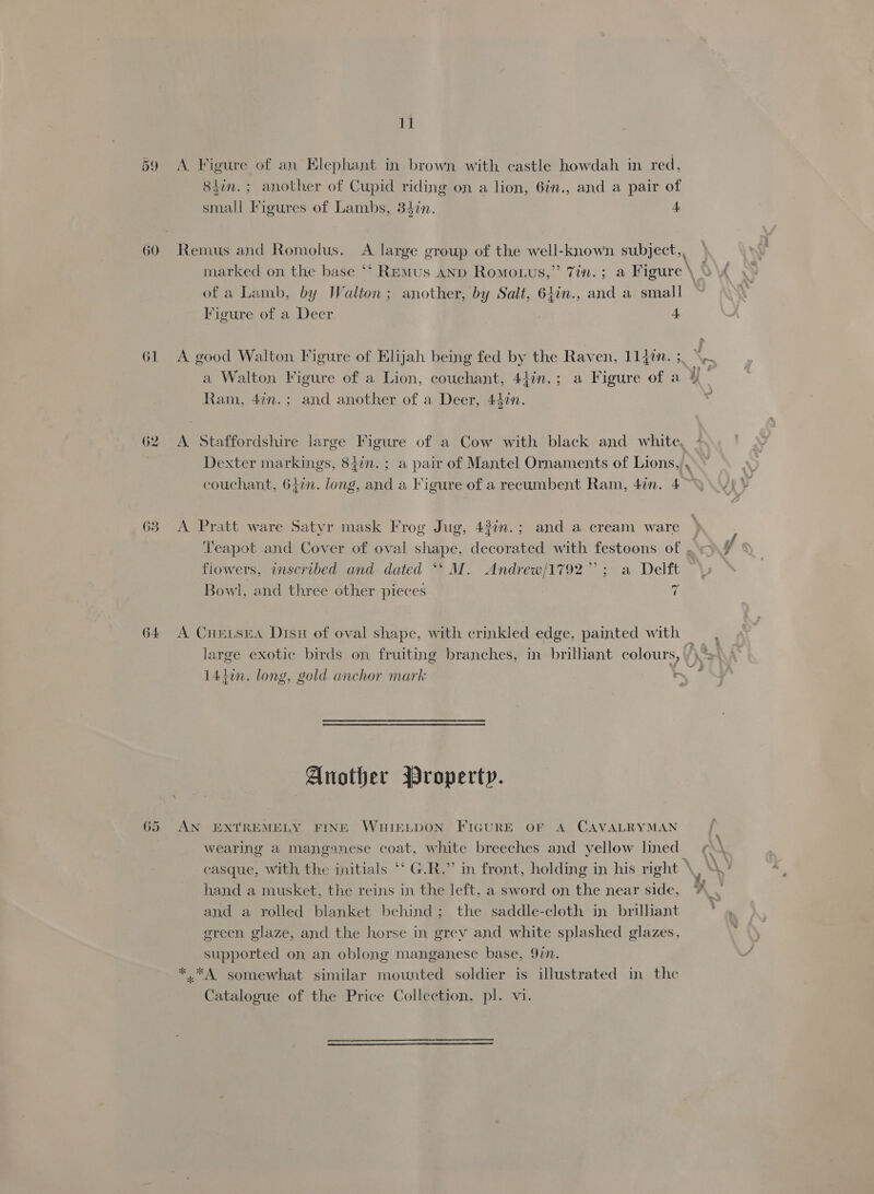 1] 59 A Figure of an Elephant in brown with castle howdah in red, 8hin.; another of Cupid riding on a lion, 6in., and a pair of small Figures of Lambs, 34in. 4 60 Remus and Romolus. <A. large group of the well-known subject, marked on the base ** Remus anp Romouus,”’ 7in.; a peace S\f of a Lamb, by Walton; another, by Salt, 64in., and a small Figure of a Deer 4 > 61 A good Walton Figure of Elijah being fed by the Raven, 114in. ; ‘ a Walton Figure of a Lion, couchant, 44in.; a Figure of a 4 Ram, 47n.; and another of a Deer, 447n. : 62 A Staffordshire large Figure of a Cow with black and white, Dexter markings, 8}in.; a pair of Mantel Ornaments of Lions, , couchant, 647. long, and a Figure of a recumbent Ram, 47n. 4 63 A Pratt ware Satyr mask Frog Jug, 43in.; and a cream ware Teapot and Cover of oval shape, decorated with festoons of . f flowers, inscribed and dated ‘‘ M. Andrew/1792”; a Delft Bowl, and three other pieces 7 64 A CneLsea Disu of oval shape, with crinkled edge, painted with large exotic birds on fruiting branches, in brilhant colours, 144in. long, gold anchor mark 2 7 rs Another Property. 65 AN EXTREMELY FINE WHIELDON FIGURE OF A CAVALRYMAN j wearing a manganese coat, white breeches and yellow lined = ¢\\ casque, with the initials ‘‘ G.R.” in front, holding in his right \, \\) hand a musket, the reins in the left, a sword on the near side, A ’ and a rolled blanket behind; the saddle-cloth in brilliant = ° green glaze, and the horse in grey and white splashed glazes, supported on an oblong manganese base, 9in. * *A somewhat similar mounted soldier is illustrated in the Catalogue of the Price Collection, pl. vi.  