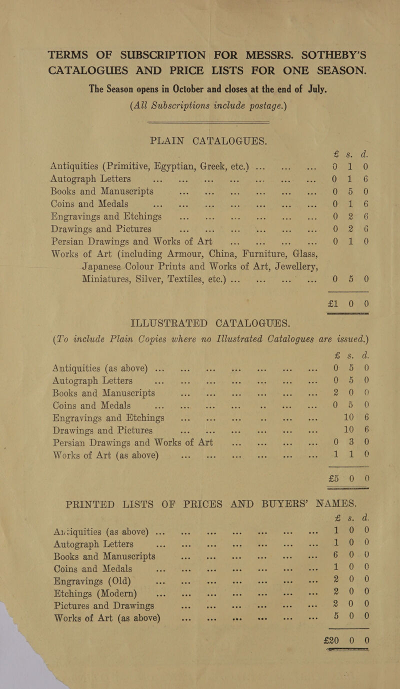 TERMS OF SUBSCRIPTION FOR MESSRS. SOTHEBY’S CATALOGUES AND PRICE LISTS FOR ONE SEASON. The Season opens in October and closes at the end of July. (All Subscriptions include postage.)   PLAIN CATALOGUES. . Eun C Antiquities (Primitive, Egyptian, Greek, etc.) .. Ot er Autograph Letters : “ie Uh DES Books and Manuscripts Ce Sa) Coins and Medals OM 6 Engravings and Ktchings Oa fb Drawings and Pictures Ute io Persian Drawings and Works of Ane a, Works of Art (including Armour, China, verre. ‘Gis. Japanese Colour Prints and Works of Art, J Bean. Miniatures, Silver, Textiles, etc.) .. est i eee ees get) red kee BOL? 71 ILLUSTRATED CATALOGUES. (To include Plain Copies where no Illustrated Catalogues are issued.) s Antiquities (as above) ... OD Autograph Letters woes sp bells ang bee Ie ee Books and Manuscripts Be,28, Kidda tT cee eee ine cen eae eS) ek Coins and Medals G5 10  Engravings and Htchings 6 Drawings and Pictures 7 ay Shia Micheal vate cen ae 10 96 Persian Drawings and Works of Art PO ere EL aa keh 1 Works of Art (as above) em OP cee mre rn es RS £5) PRINTED LISTS OF PRICES AND BUYERS’ NAMES. ras Auiiquities (as above) ... ao 0 Autograph Letters eo 0 Books and Manuscripts 6 0 0 Coins and Medals a 0 Engravings (Old) 20.0 Etchings (Modern) oan au Pictures and Drawings oe Ogee Works of Art (as above) 5 0 0