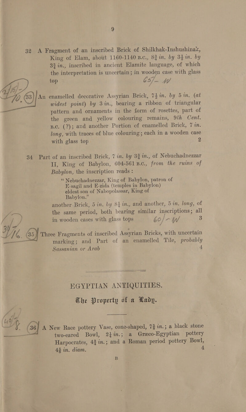 32 A Fragment of an inscribed Brick of Shilkhak-Inshushinas, King of Elam, about 1160-1140 B.c., 81. by 354m. by 3% in., inscribed in ancient Hlamite language, of which the interpretation is uncertain ; in wooden case with glass top C57. An enamelled decorative Assyrian Brick, 7$in. by 5 in. (at widest point) by 3in., bearing a = pbon of triangular pattern and ornaments in the form of rosettes, part of the green and yellow colouring remains, 9/h Cent. B.c. (?); and another Portion of enamelled Brick, 7 mM. long, with traces of blue colouring ; each in a wooden case with glass top 2  34 Part of an inscribed Brick, 7 in. by 3} m., of N ebuchadnezzar II, King of Babylon, 604-561 3.c., from the ruins of Babylon, the inscription reads : “ Nebuchadnezzar, King of Babylon, patron of E-sagil and E- zida (temples i in Babylon) eldest son of Nabopolassar, King of Babylon.” another Brick, 5 in. by 8{im., and another, 5 in. long, of ‘“— the same period, both bearing similar inscriptions peal . in wooden cases with glass tops 60 / IW 3  Three Fragments of inscribed Assyrian Bricks, with uncertain marking; and Part of an enamelled Tile, probably Sassanian or Arab +   EGYPTIAN ANTIQUITIUS. The Property of a Madp. (36 A New Race pottery Vase, cone-shaped, 73 in.; a black stone two-eared Bowl, 2tin.; a Greco-Egyptian pottery Harpocrates, 43 in. ; wea a Roman period pottery Bowl, 