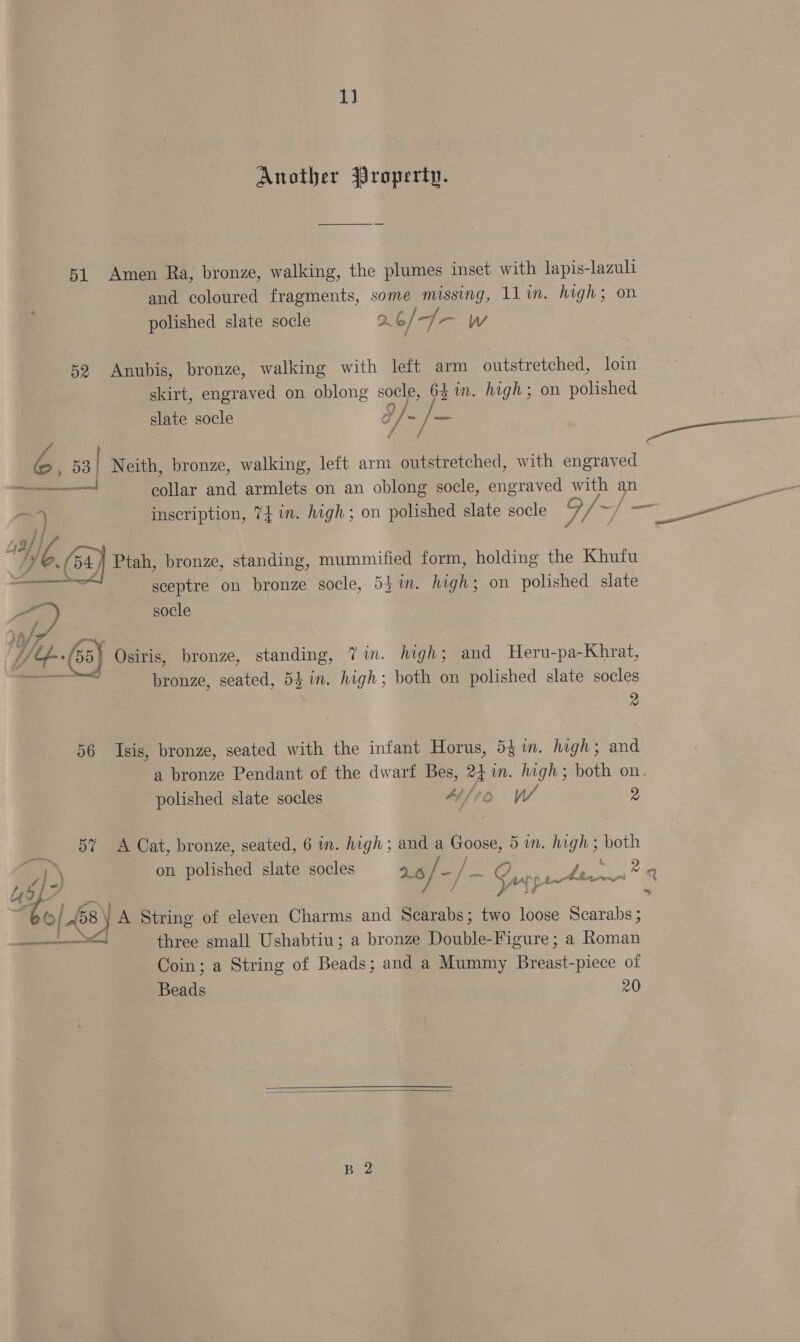 1] Another Property. 51 Amen Ra, bronze, walking, the plumes inset with lapis-lazuli and coloured fragments, some missing, 11in. high; on polished slate socle 2. ¢/ 4 Ww 52 Anubis, bronze, walking with left arm outstretched, loin skirt, engraved on oblong socle, 64 im. high; on polished slate socle 3/- fi ee ra ; 53 | Neith, bronze, walking, left arm outstretched, with engraved ——— collar and armlets on an oblong socle, engraved with an ; - ree pi ae “Yn Si nenicerde inscription, 74 in. high; on polished slate socle a oo ee Ptah, bronze, standing, mummified form, holding the Khufu sceptre on bronze socle, 55%. high; on polished slate socle wy, / ¢ 4)  eo, YU f-. (65) Osiris, bronze, standing, 7in. high; and Heru-pa-Khrat, a Ne bronze, seated, 54 in. high; both on polished slate socles 2 56 Isis, bronze, seated with the infant Horus, 54 im. high; and a bronze Pendant of the dwarf Bes, 24m. high; both on. polished slate socles Aft W 2 5% A Cat, bronze, seated, 6 in. high; and a Goose, 5 in. high ; both on polished slate socles 26 / =) ae Gury ASP age 29 z|-) a i” ™~) i © 08 y A String of eleven Charms and Scarabs; two loose Scarabs ; a three small Ushabtiu; a bronze Double-Figure; a Roman Coin; a String of Beads; and a Mummy Breast-piece of Beads 20 