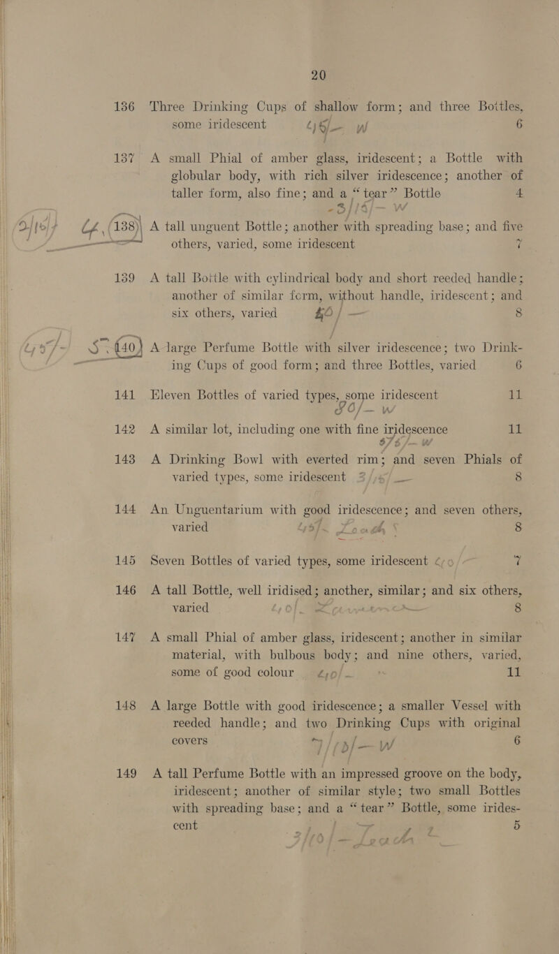     20 186 Three Drinking Cups of shallow form; and three Boitles, some iridescent LOL aw 6 187 A small Phial of amber glass, iridescent; a Bottle with globular body, with rich silver iridescence; another of taller form, also fine; and a “tear” Bottle + @/)¢ Vv - ii others, varied, some iridescent 7 159 A tall Bottle with cylindrical body and short reeded handle ; another of similar form, without handle, iridescent; and six others, varied £0 | — 8 ing Cups of good form; and three Bottles, varied 6 141 Eleven Bottles of varied types, some iridescent 11 ro of — LA 142 A similar lot, including one with fine irjdescence iB fF. j fi F game Ye 143 A Drinking Bowl with everted rim; and seven Phials of varied types, some iridescent 3/;4/_— 8 144 An Unguentarium with good iridescence; and seven others, varied ae 7 7 ae 8 —, 145 Seven Bottles of varied types, some iridescent ¢¢ 7 146 A tall Bottle, well iridised; ancther, similar; and six others, varied | 4 Of SE pe ers 8 147 A small Phial of amber glass, iridescent ; another in similar material, with bulbous body; and nine others, varied, some of good colour 4,9) . | Tt 148 &lt;A large Bottle with good iridescence; a smaller Vessel with reeded handle; and two Drinking Cups with original covers 4/17 b/— WN 6 149 A tall Perfume Bottle with an impressed groove on the body, iridescent; another of similar style; two small Bottles with spreading base; and a “tear” Bottle, some irides- cent | z 5 —