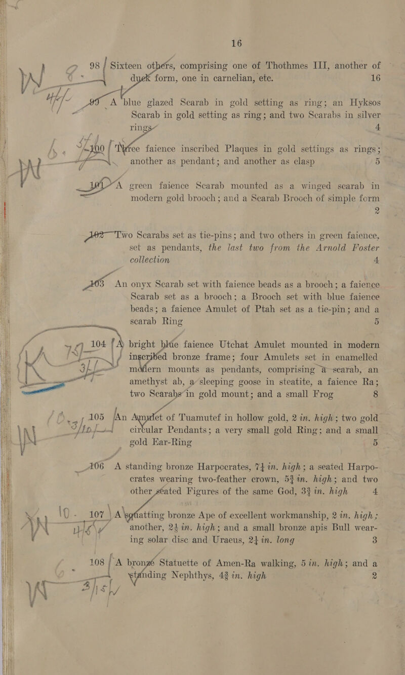  ; im } 7? 984 Sixteen ot fs, comprising one of Thothmes III, another of i WN on &lt;7 : form, one in carnelian, ete. 16 i nf h “4 ra blue glazed Scarab in gold setting as ring; an Hyksos | a Scarab in gold setting as ring; Be two Scarabs in silver ae of 4 , Layo | i Nee faience inscribed Plaques in gold settings as rings; ‘ Al a ae “~.. another as pendant; and another as clasp 5 _ Wa green faience Scarab mounted as a winged scarab in a . ; modern gold brooch; and a Scarab Brooch of simple form 2 Abe” Two Scarabs set as tie-pins; and two others in green faience, set as pendants, the last two from the Arnold Foster collection L  Me An onyx Scarab set with faience beads as a brooch; a faience Scarab set as a brooch: a Brooch set with blue faience beads; a faience Amulet of Ptah set as a tie-pin; and a scarab Ring 5 ee  Al 7 a ~ C104 iA bright bltie faience Utchat Amulet mounted in modern ie , pp 7 Ingery ed bronze frame; four Amulets ee in enamelled : NLS  7 Jol a ern mounts as Soria comprising @ scarab, an é inten ab, a sleeping goose in steatite, a faience Ra; two Scarabs’in gold mount; and a small Frog 8 TA  r 105 lan apt of Tuamutef in hollow gold, 2 in. high; two gold ‘S/ HE O/— cirtular Pendants; a very small gold Ring; and a small gold Kar-Ring 5  406 A standing bronze Harpocrates, 741. high; a seated Harpo- crates wearing two-feather crown, 5}. high; and two other seated Figures of the same God, 3% in. high 4   __ 10% | A'sgtatting bronze Ape of excellent workmanship, 2 in. high ; N bial Lb Ix A / another, 24 in. high; and a small bronze apis Bull wear- | ing solar disc and Uraeus, 24 in. long 3 Sin. high; and a 2 